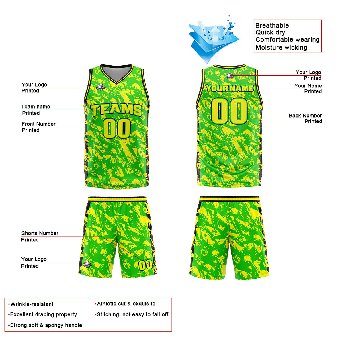 Custom Green Yellow Basketball Jersey Uniform Suit Printed Your Logo Name Number