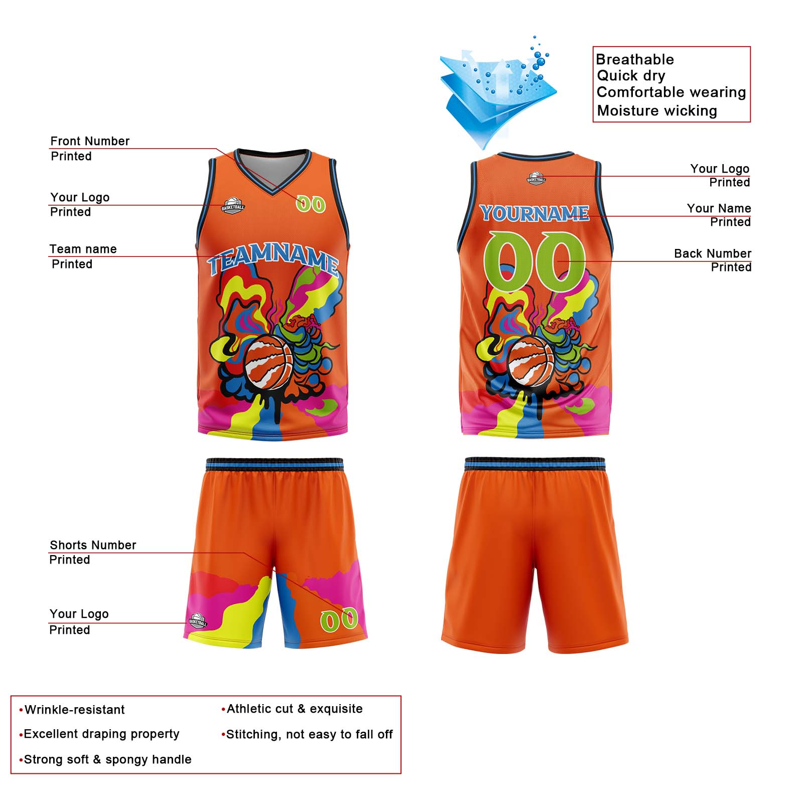 Custom Orange Basketball Jersey Uniform Suit Printed Your Logo Name Number