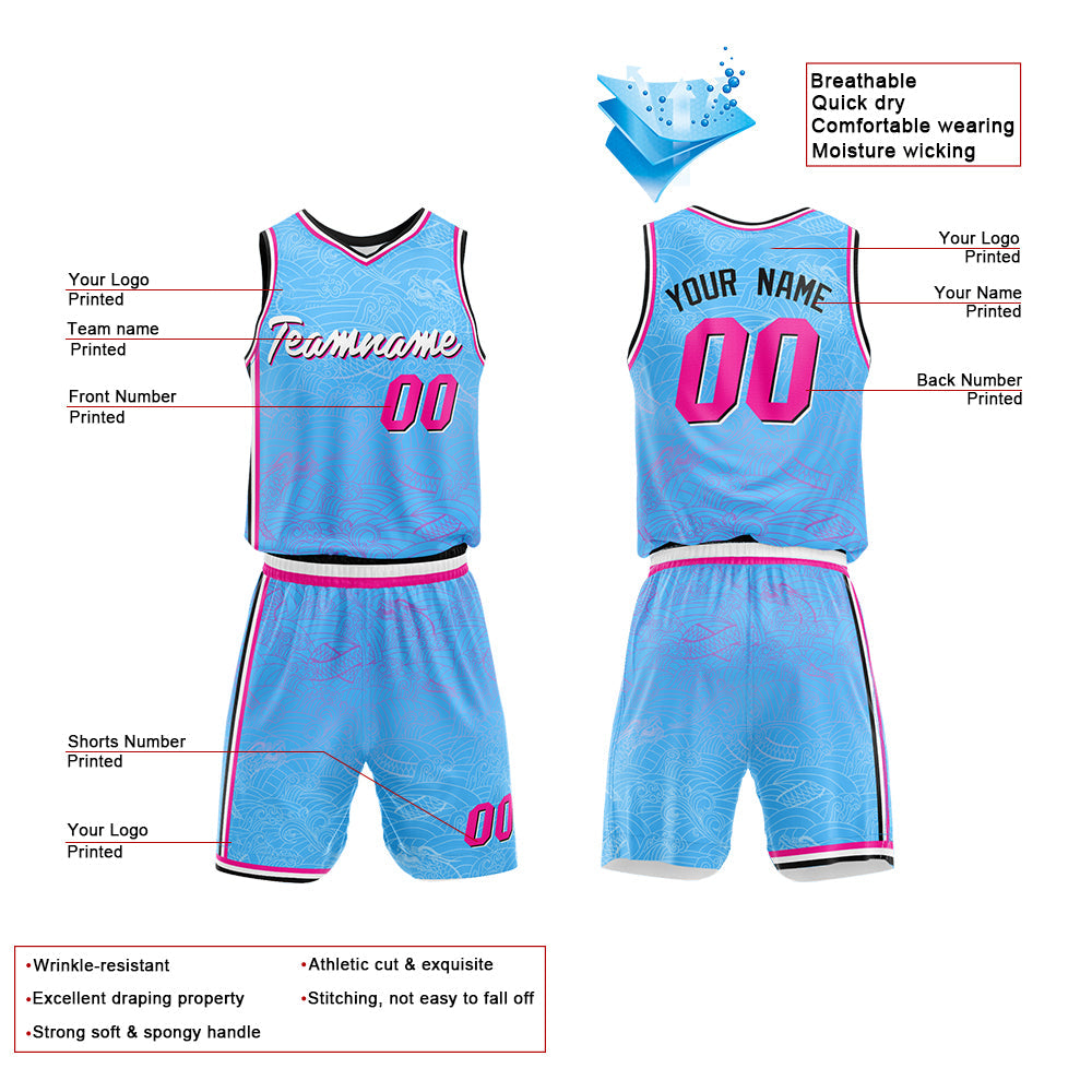 Custom Basketball Jersey Uniform Suit Printed Your Logo Name Number Light Blue