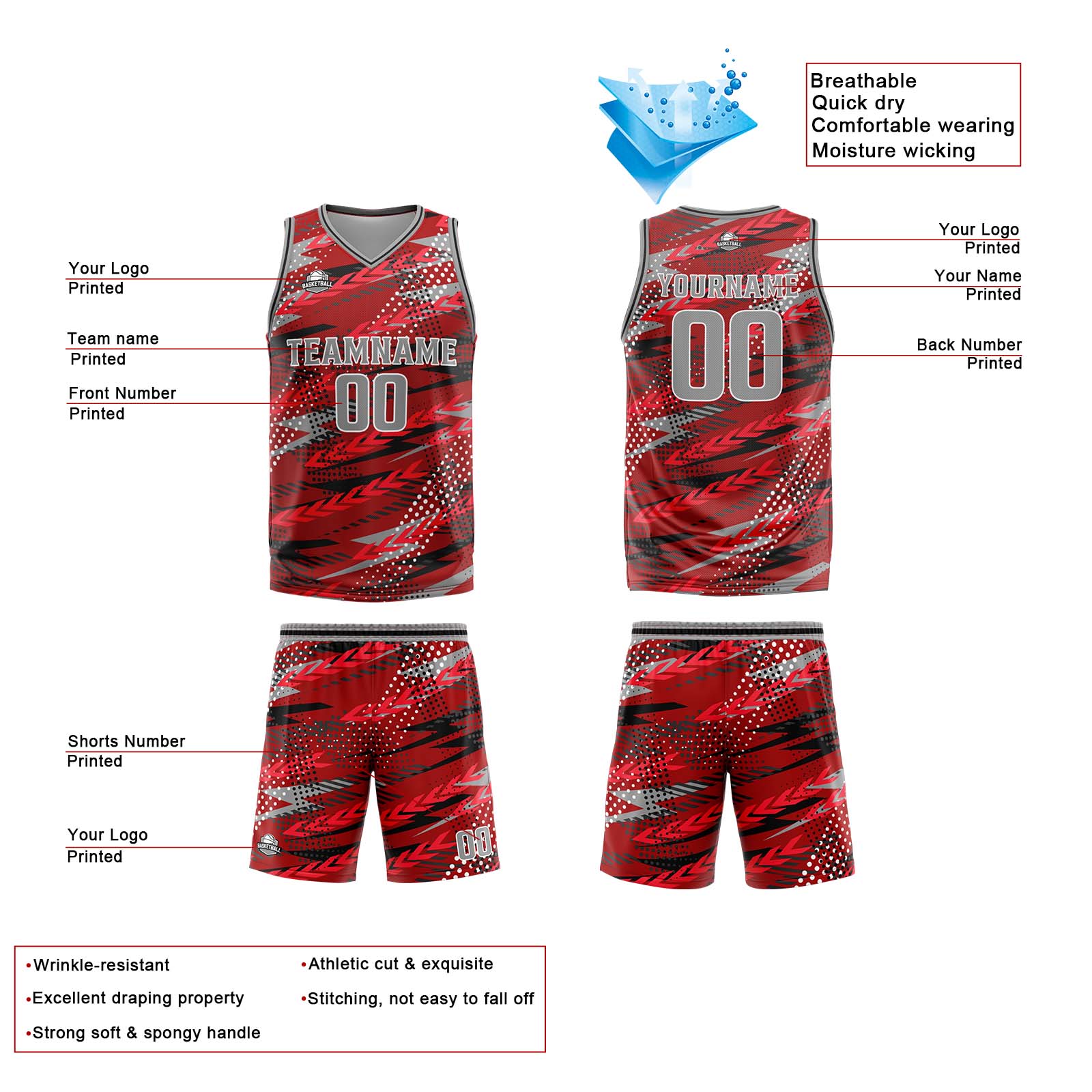 Custom Red Grey Basketball Jersey Uniform Suit Printed Your Logo Name Number
