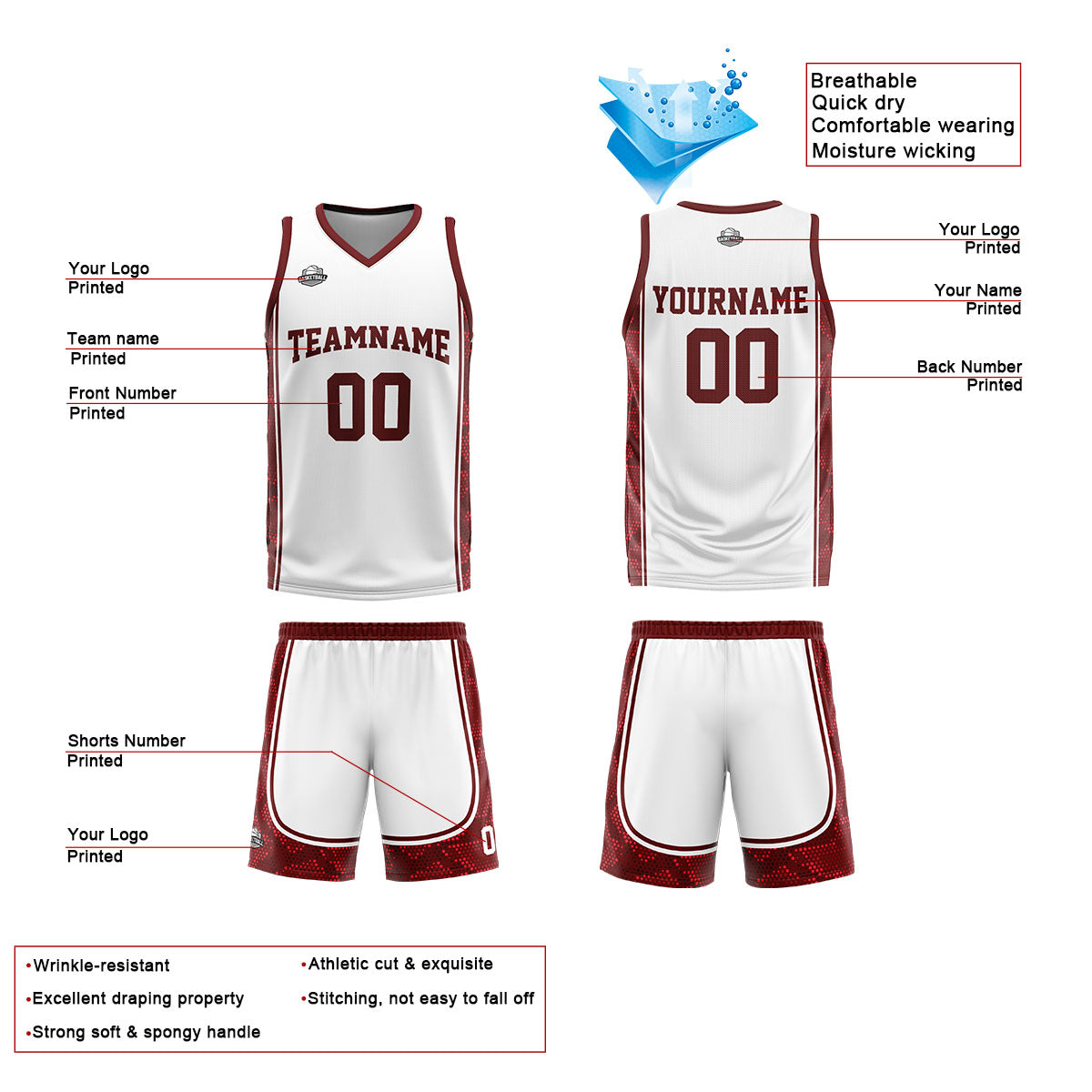 Custom White Dark Red Basketball Jersey Uniform Suit Printed Your Logo Name Number