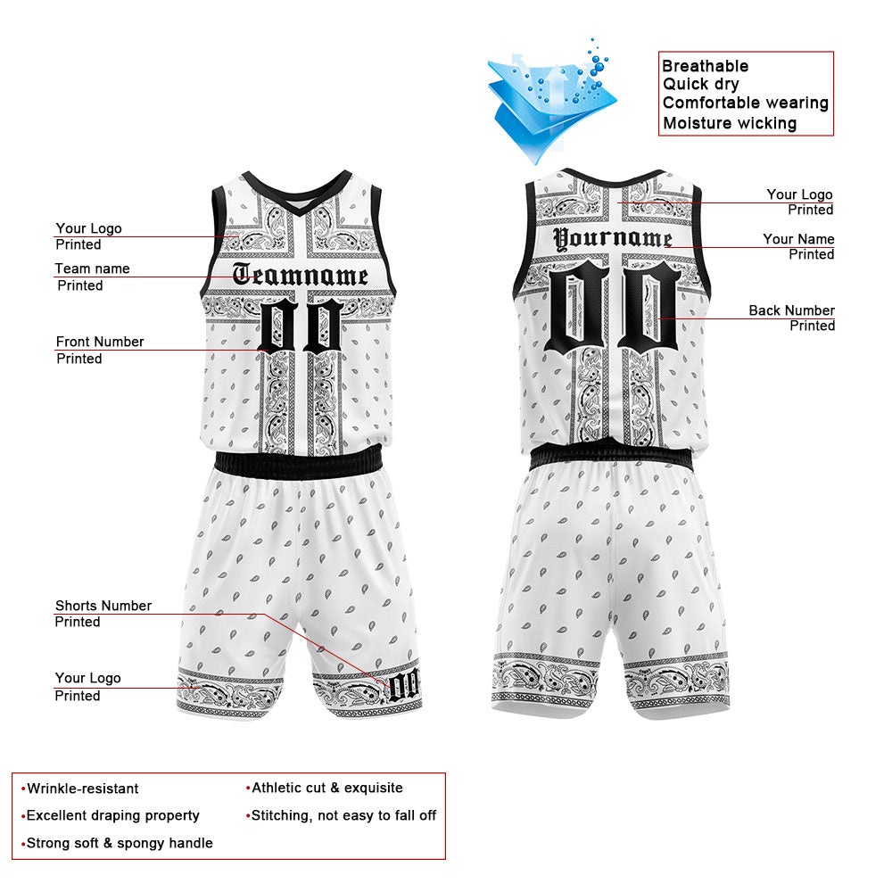 Custom Basketball Jersey Uniform Suit Printed Your Logo Name Number White-Black