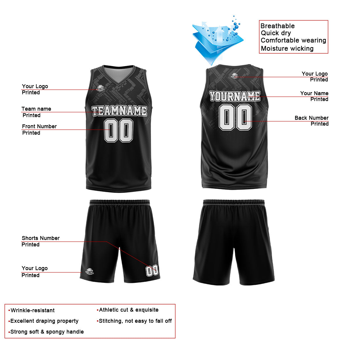 Custom Black Grey Basketball Jersey Uniform Suit Printed Your Logo Name Number