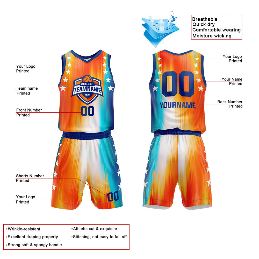 Custom Basketball Jersey Uniform Suit Printed Your Logo Name Number Rainbow-Orange-Blue