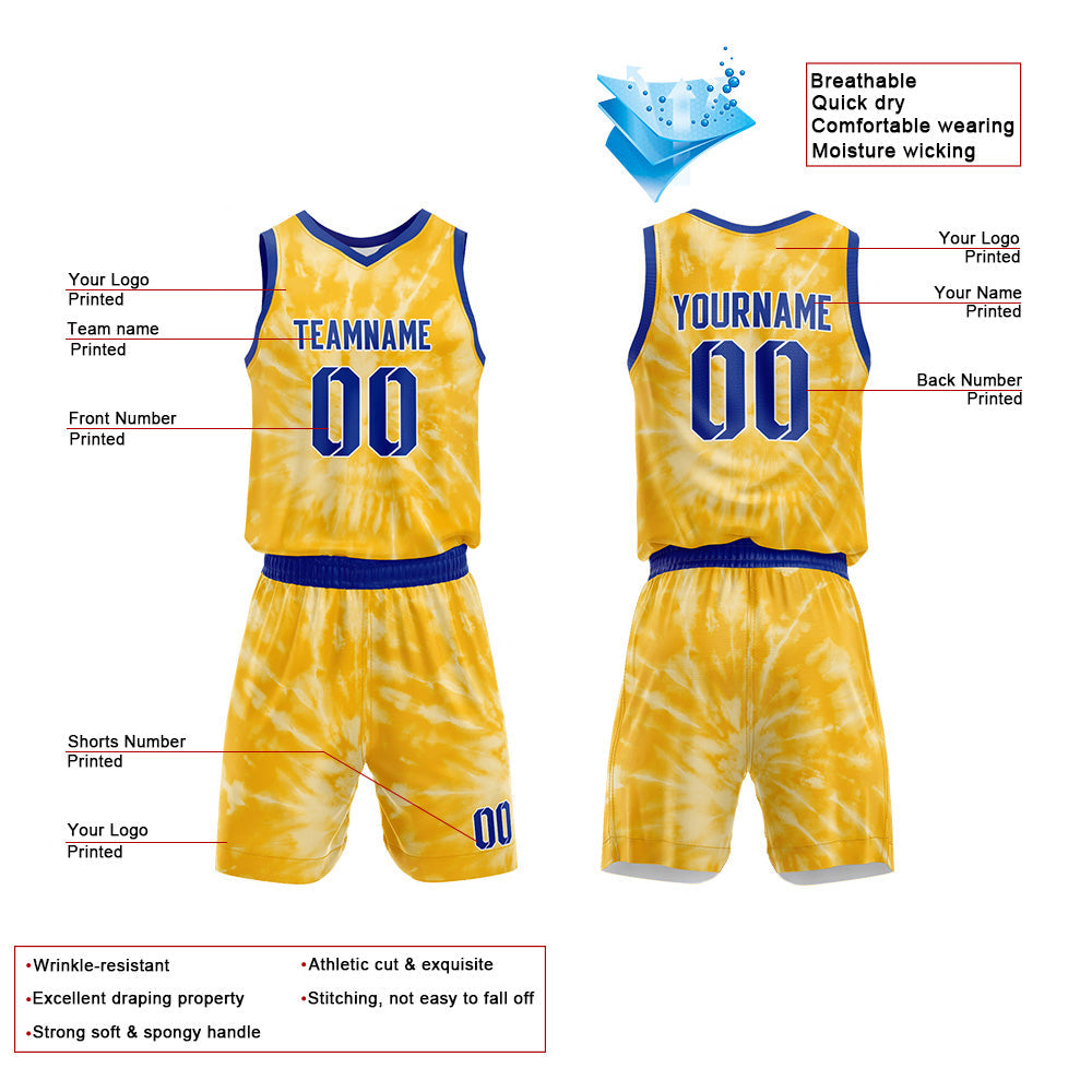 Custom Basketball Jersey Uniform Suit Printed Your Logo Name Number tie-dyed-Yellow