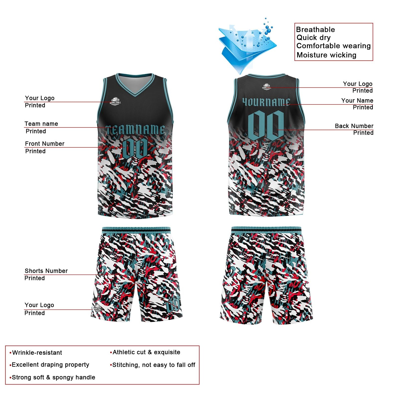 Custom Black Red Green Basketball Jersey Uniform Suit Printed Your Logo Name Number