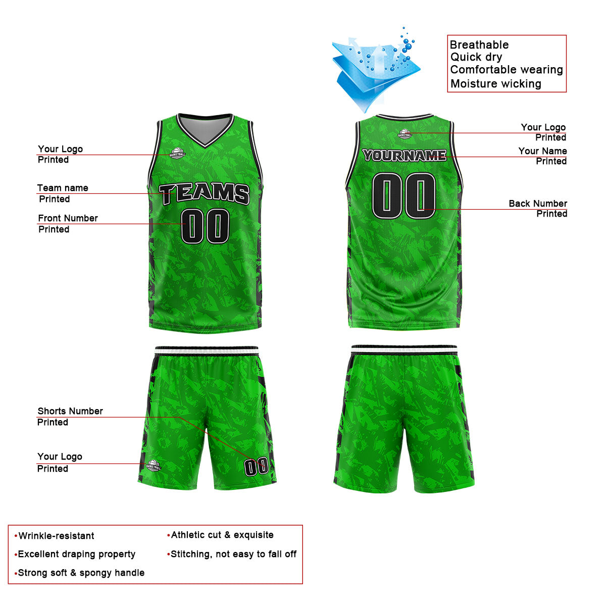 Custom Green Black Basketball Jersey Uniform Suit Printed Your Logo Name Number