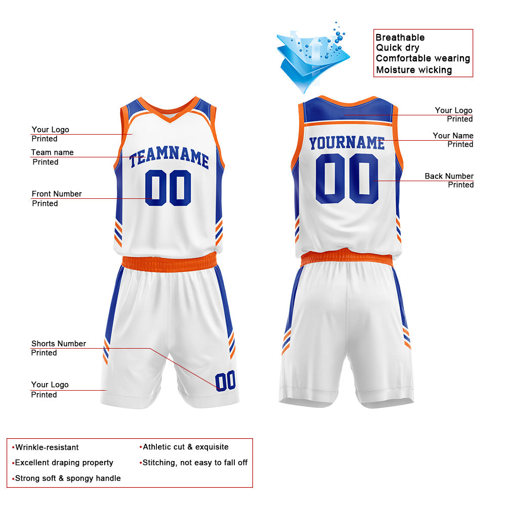 Custom Basketball Jersey Uniform Suit Printed Your Logo Name Number White-Royal-Orange