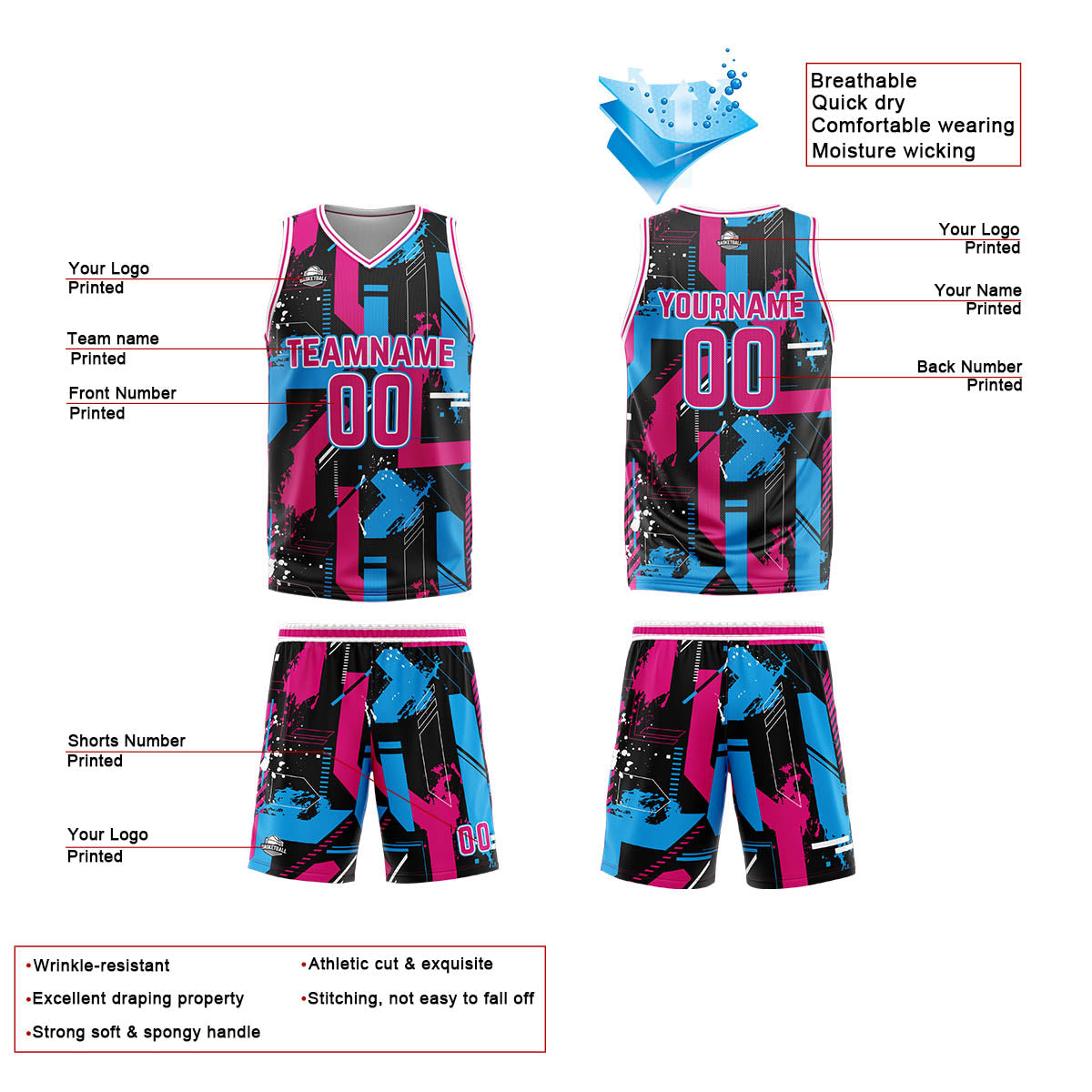 Custom Pink Light Blue Basketball Jersey Uniform Suit Printed Your Logo Name Number