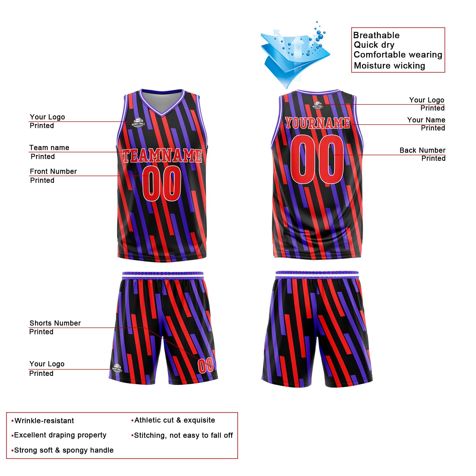 Custom Vertical bar Red Purple Basketball Jersey Uniform Suit Printed Your Logo Name Number