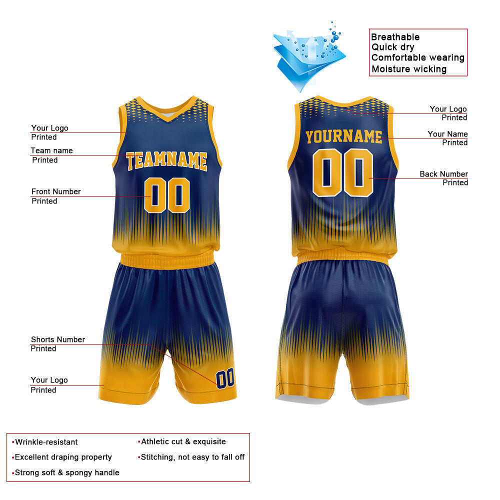 Custom Basketball Jersey Uniform Suit Printed Your Logo Name Number Navy-Yellow