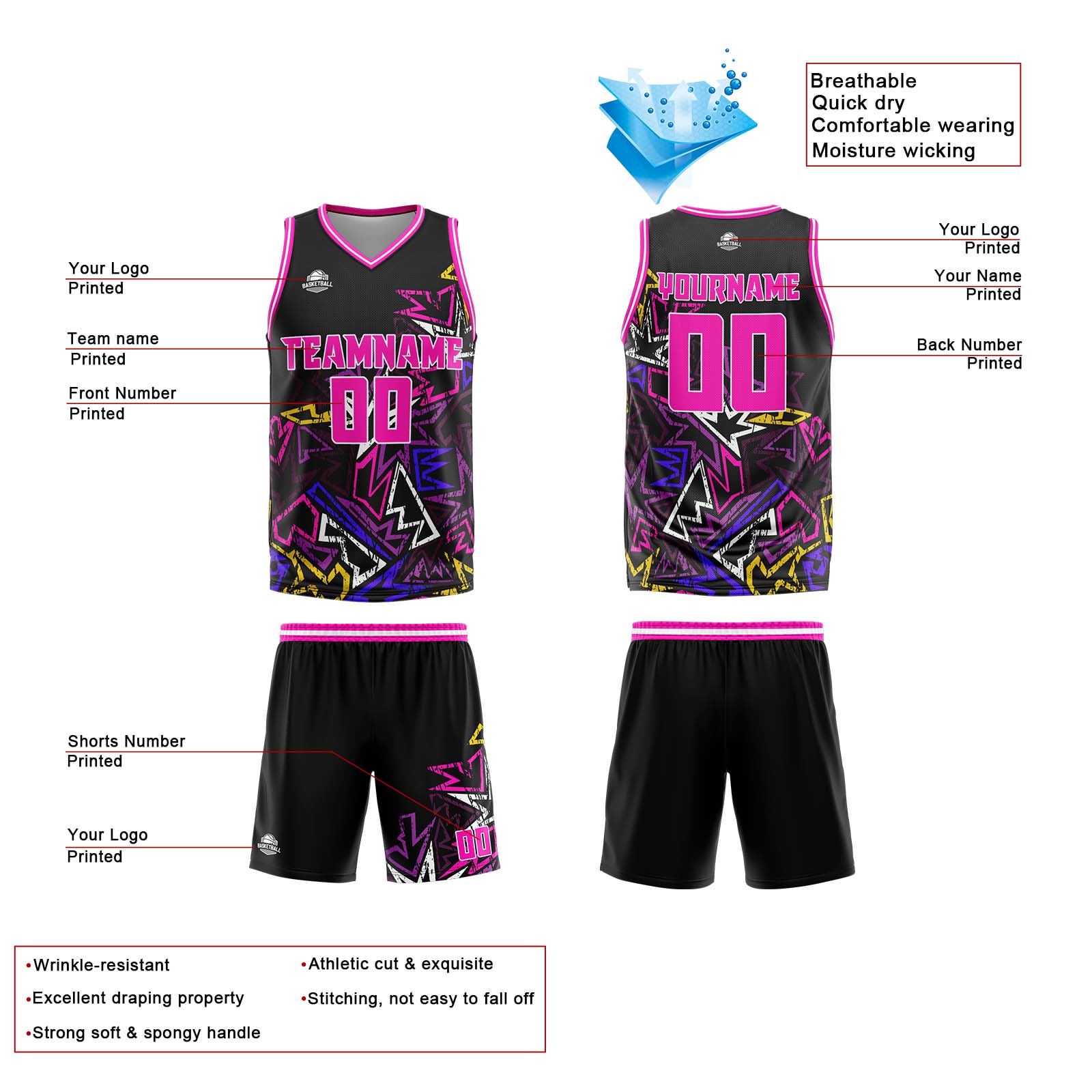 Custom Damaged geometry Pink Basketball Jersey Uniform Suit Printed Your Logo Name Number