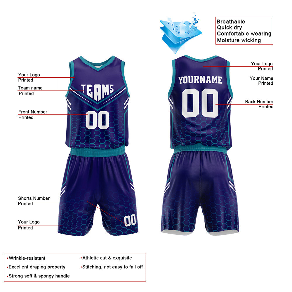 Custom Basketball Jersey Uniform Suit Printed Your Logo Name Number Purple-Teal