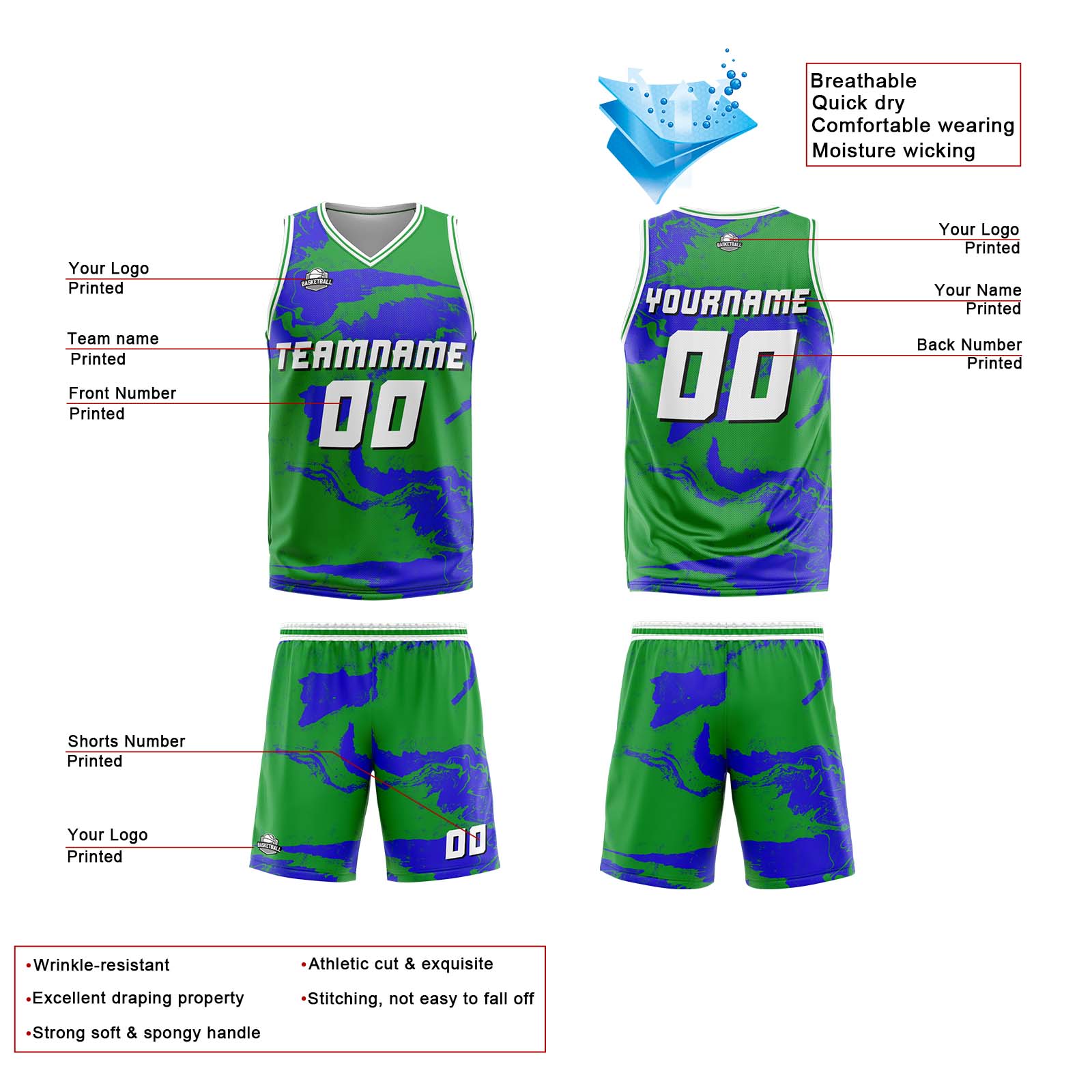 Custom Tie-dye Green Blue Basketball Jersey Uniform Suit Printed Your Logo Name Number