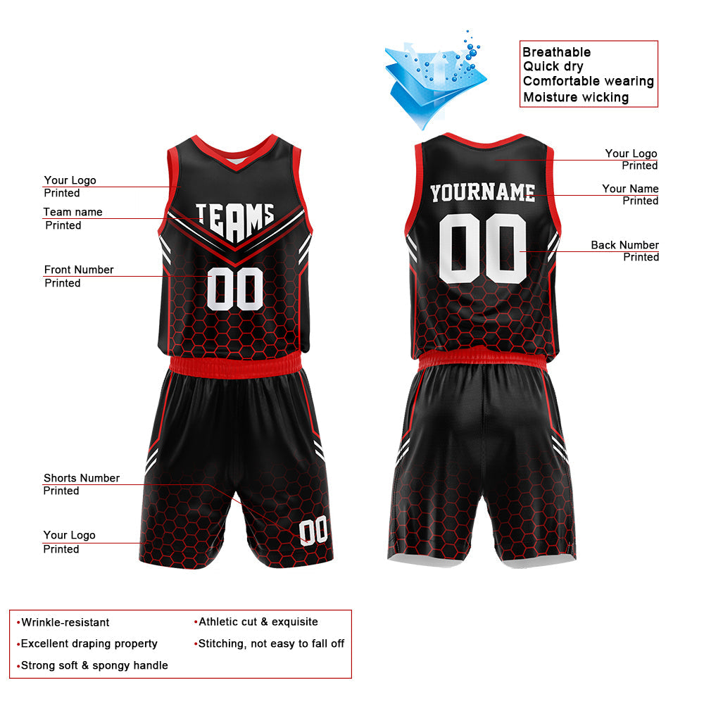 Custom Basketball Jersey Uniform Suit Printed Your Logo Name Number Black-Red