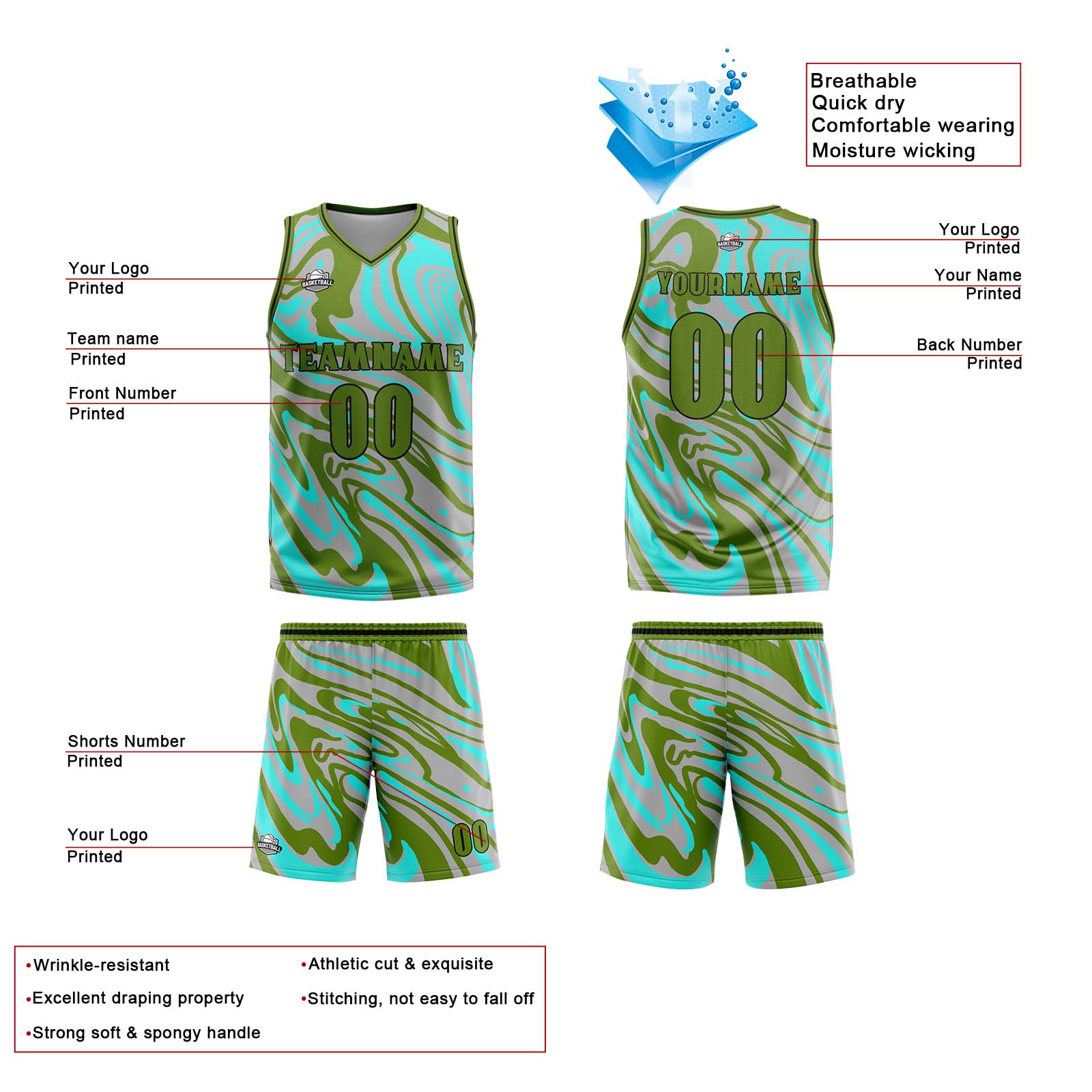 Custom Fluid Green Grey Basketball Jersey Uniform Suit Printed Your Logo Name Number