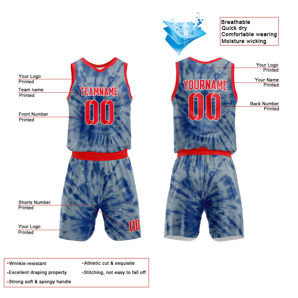Custom Basketball Jersey Uniform Suit Printed Your Logo Name Number tie-dyed-Grey blue