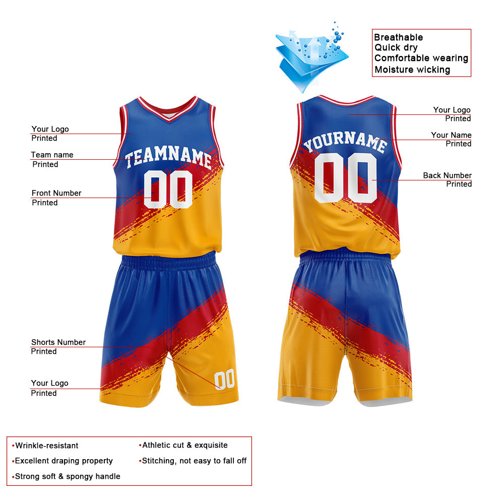 Custom Basketball Jersey Uniform Suit Printed Your Logo Name Number Royal-Red-Yellow
