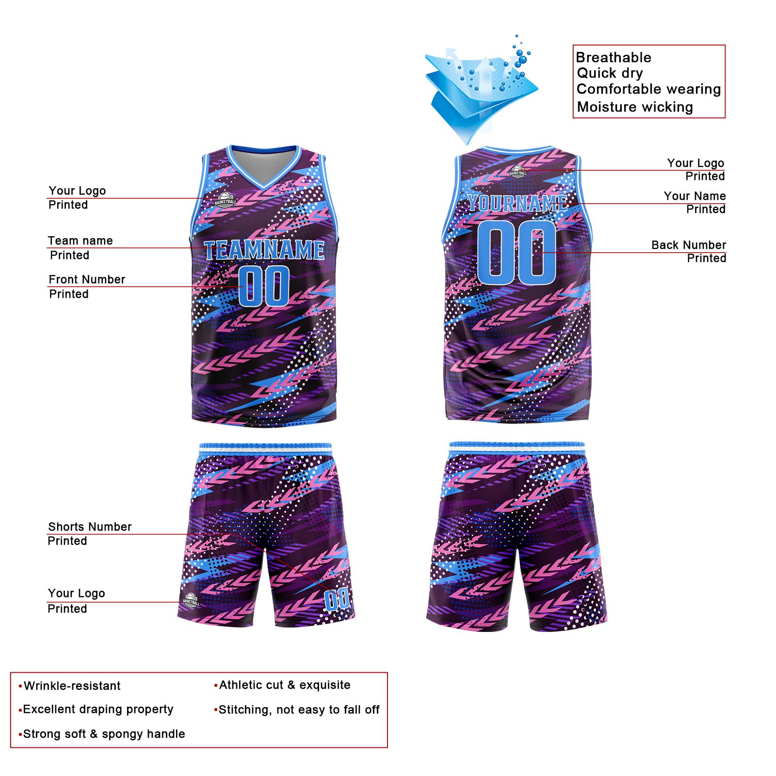 Custom Pink Blue Basketball Jersey Uniform Suit Printed Your Logo Name Number