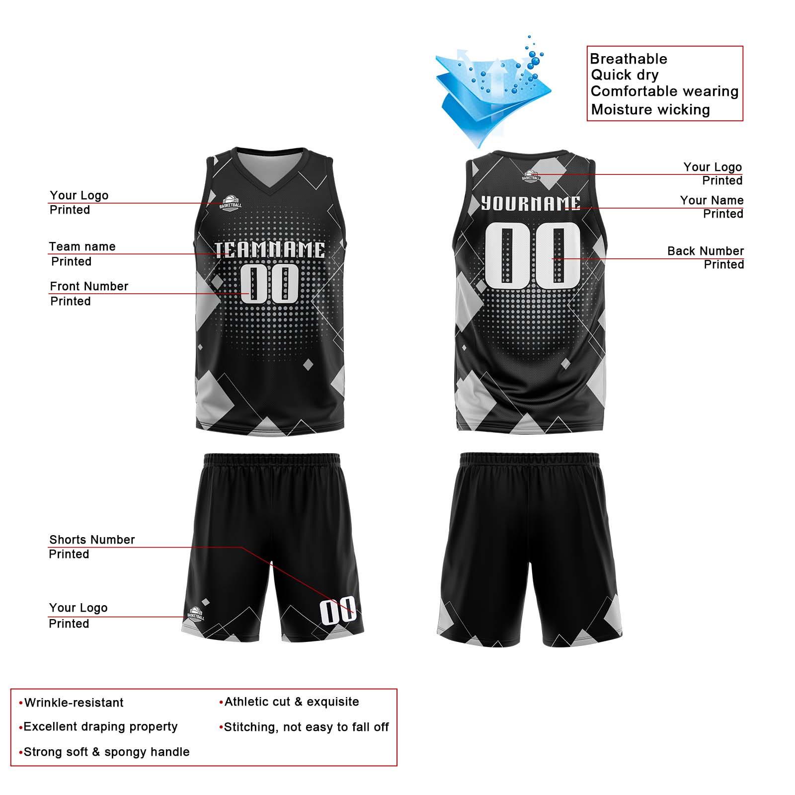 Custom Geometry Grey Basketball Jersey Uniform Suit Printed Your Logo Name Number