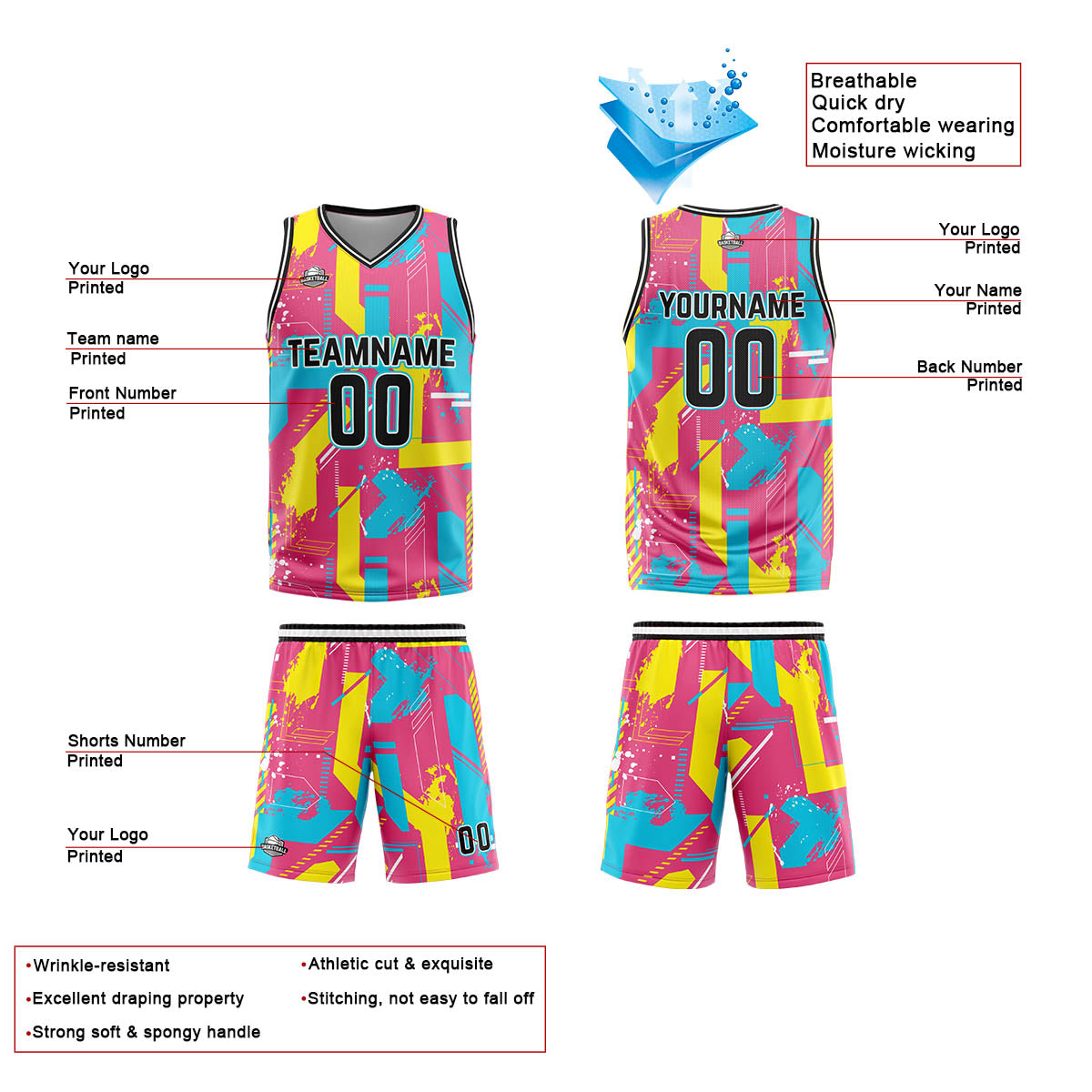 Custom Pink Yellow Basketball Jersey Uniform Suit Printed Your Logo Name Number