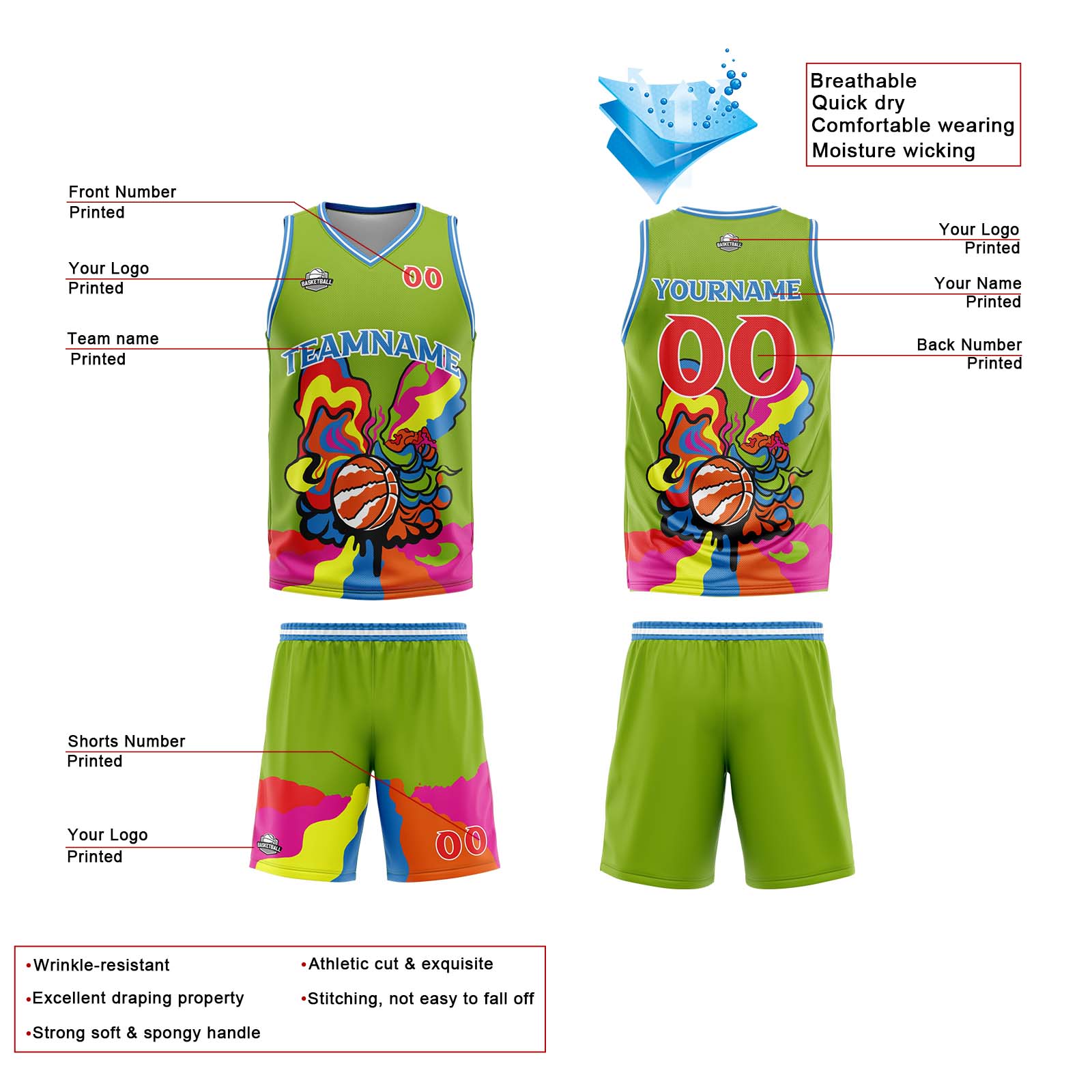 Custom Green Basketball Jersey Uniform Suit Printed Your Logo Name Number
