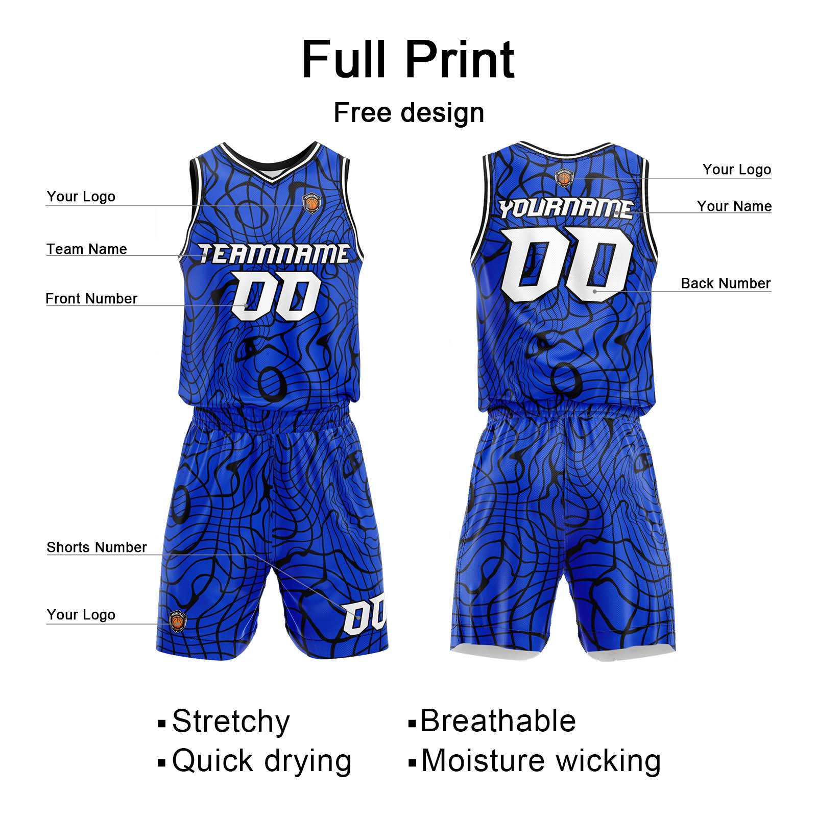 Custom Blue Basketball Jersey Uniform Suit Printed Your Logo Name Number