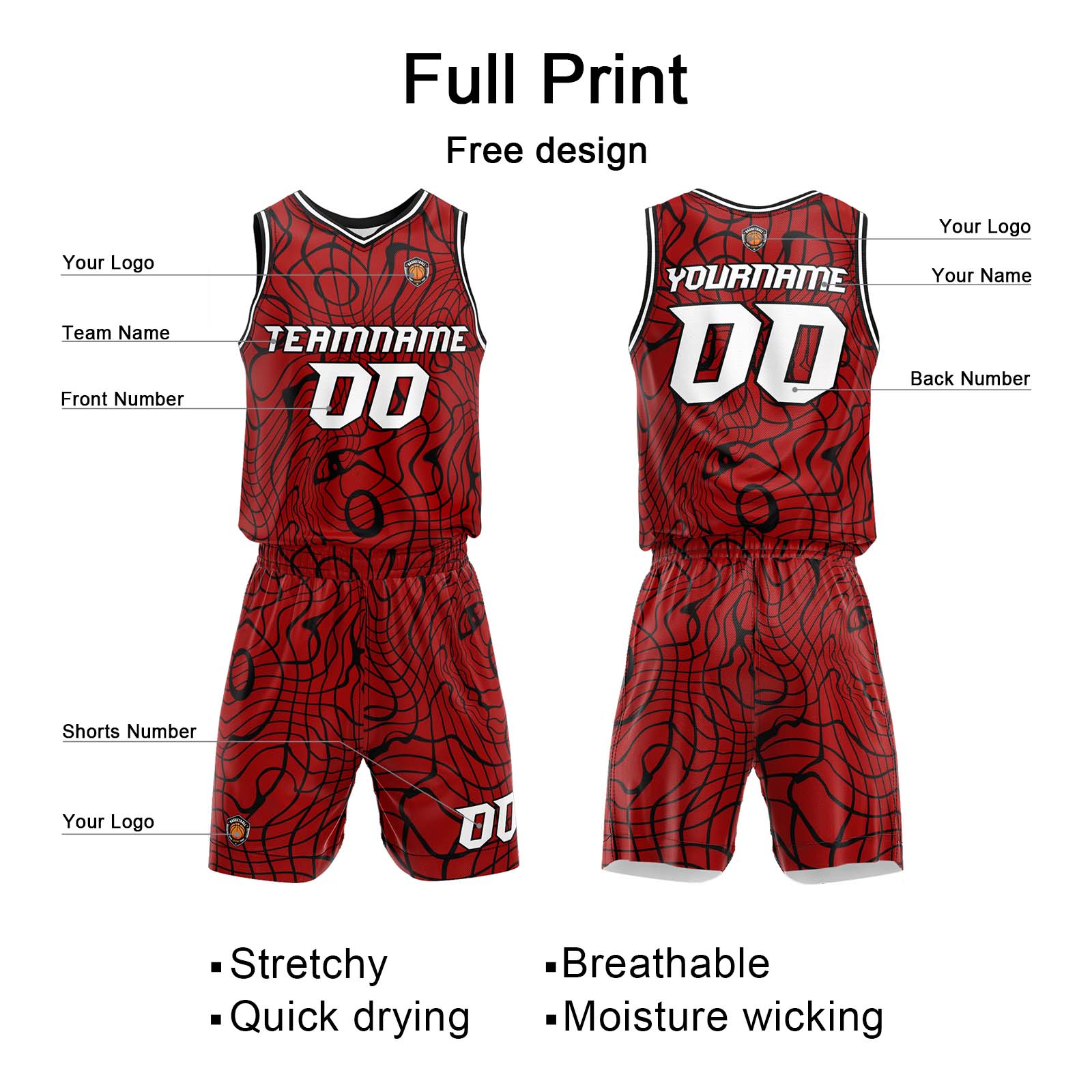Custom Red Basketball Jersey Uniform Suit Printed Your Logo Name Number