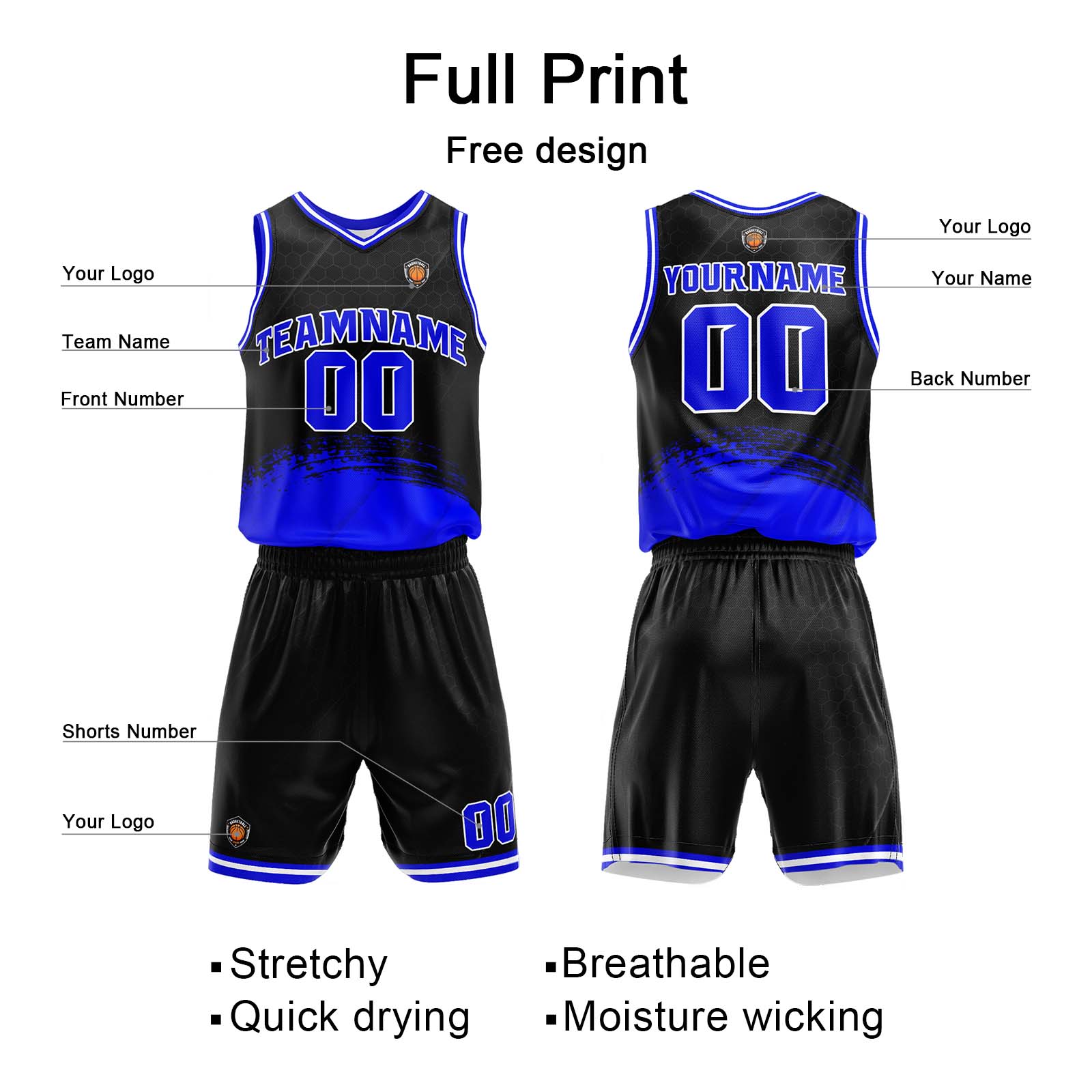 Custom Black Blue Basketball Jersey Uniform Suit Printed Your Logo Name Number