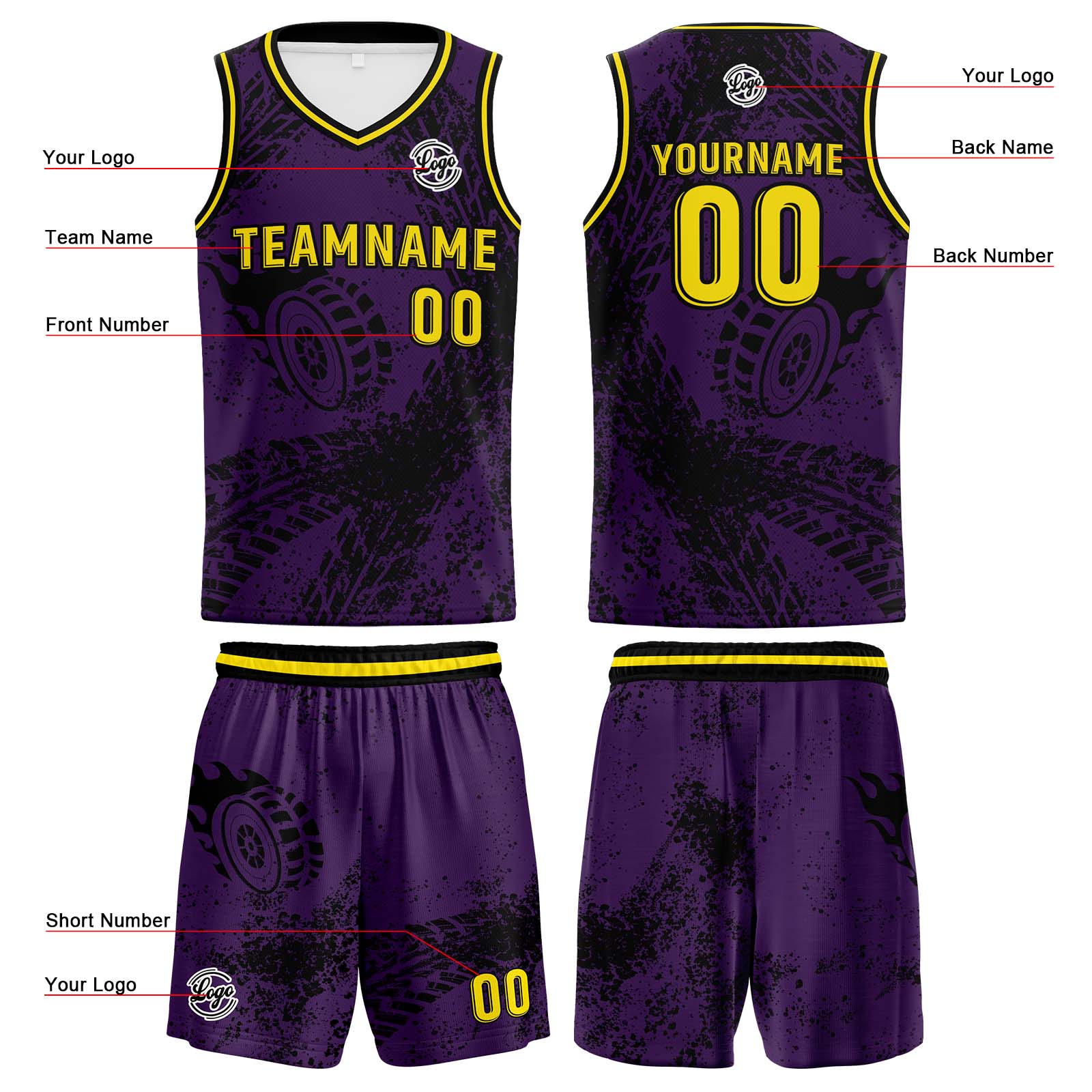Custom Purple Yellow Basketball Jersey Uniform Suit Printed Your Logo Name Number