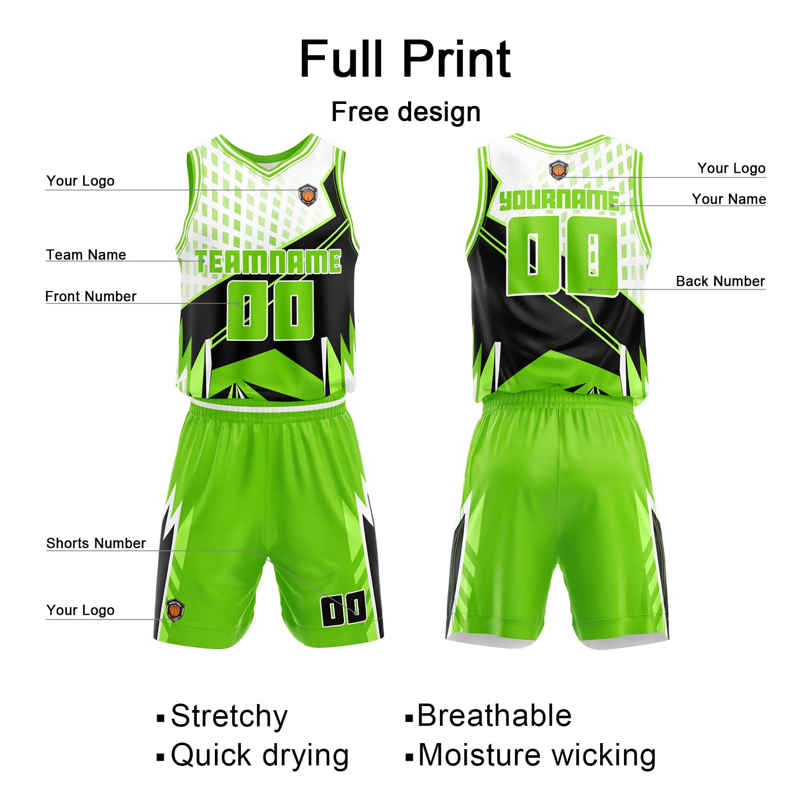 Custom Neon Green Basketball Jersey Uniform Suit Printed Your Logo Name Number