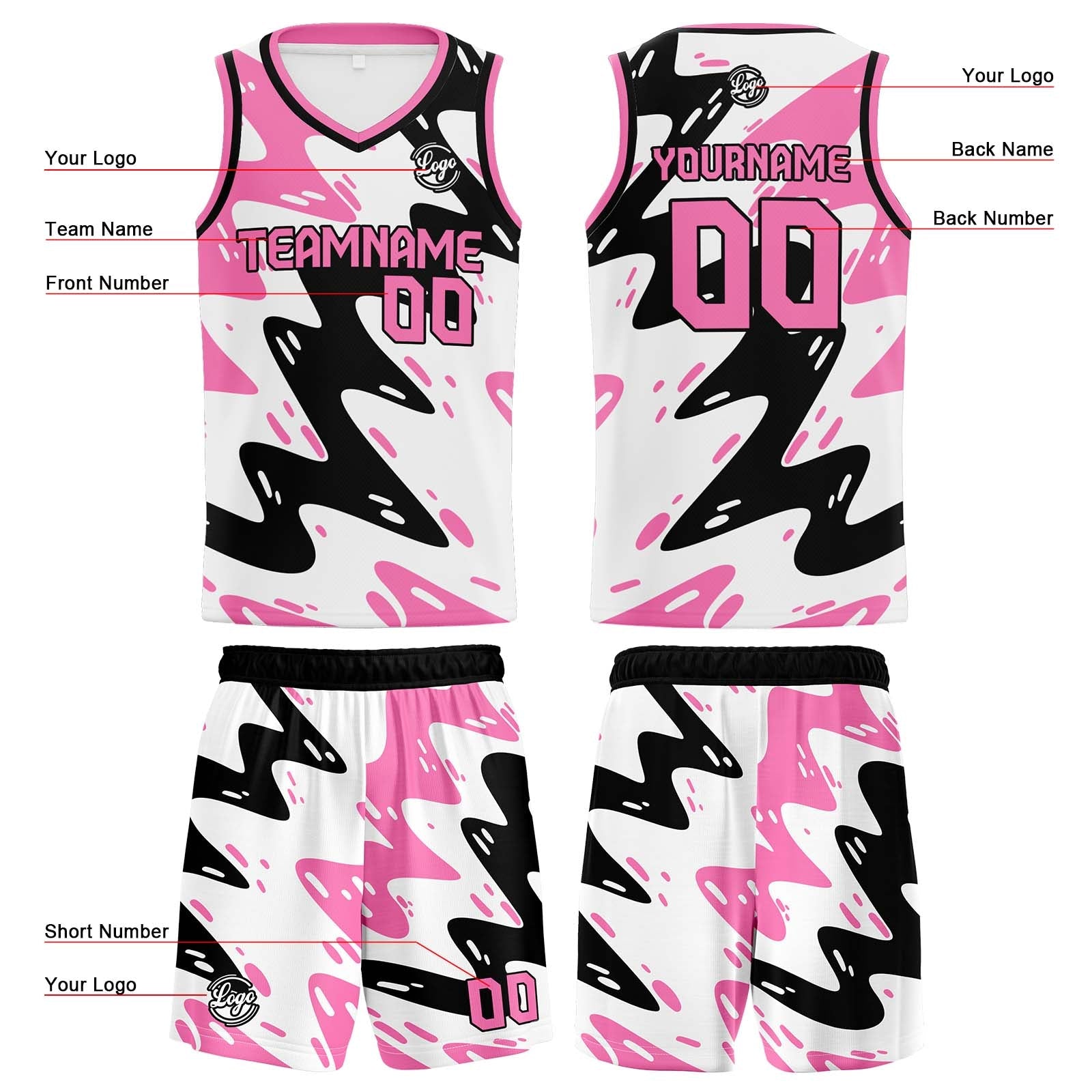 Custom White Black Pink Basketball Jersey Uniform Suit Printed Your Logo Name Number