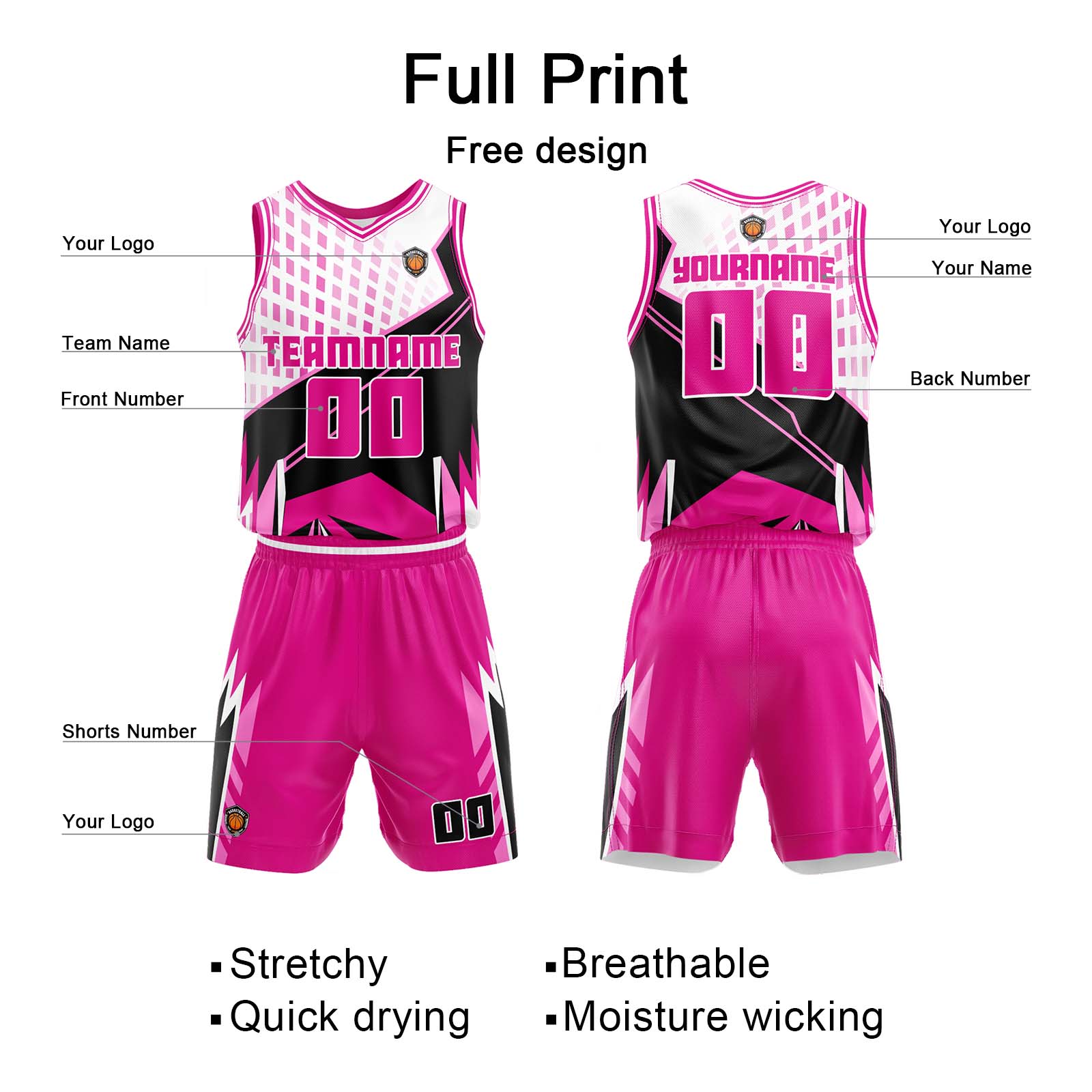 Custom Pink Basketball Jersey Uniform Suit Printed Your Logo Name Number