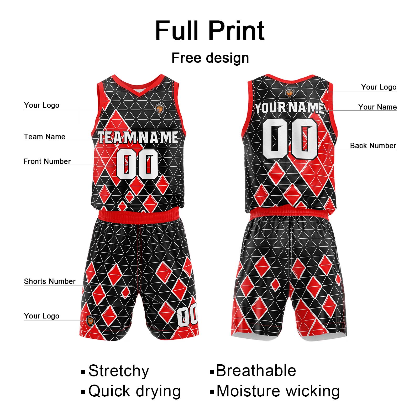 Custom Black Red Basketball Jersey Uniform Suit Printed Your Logo Name Number