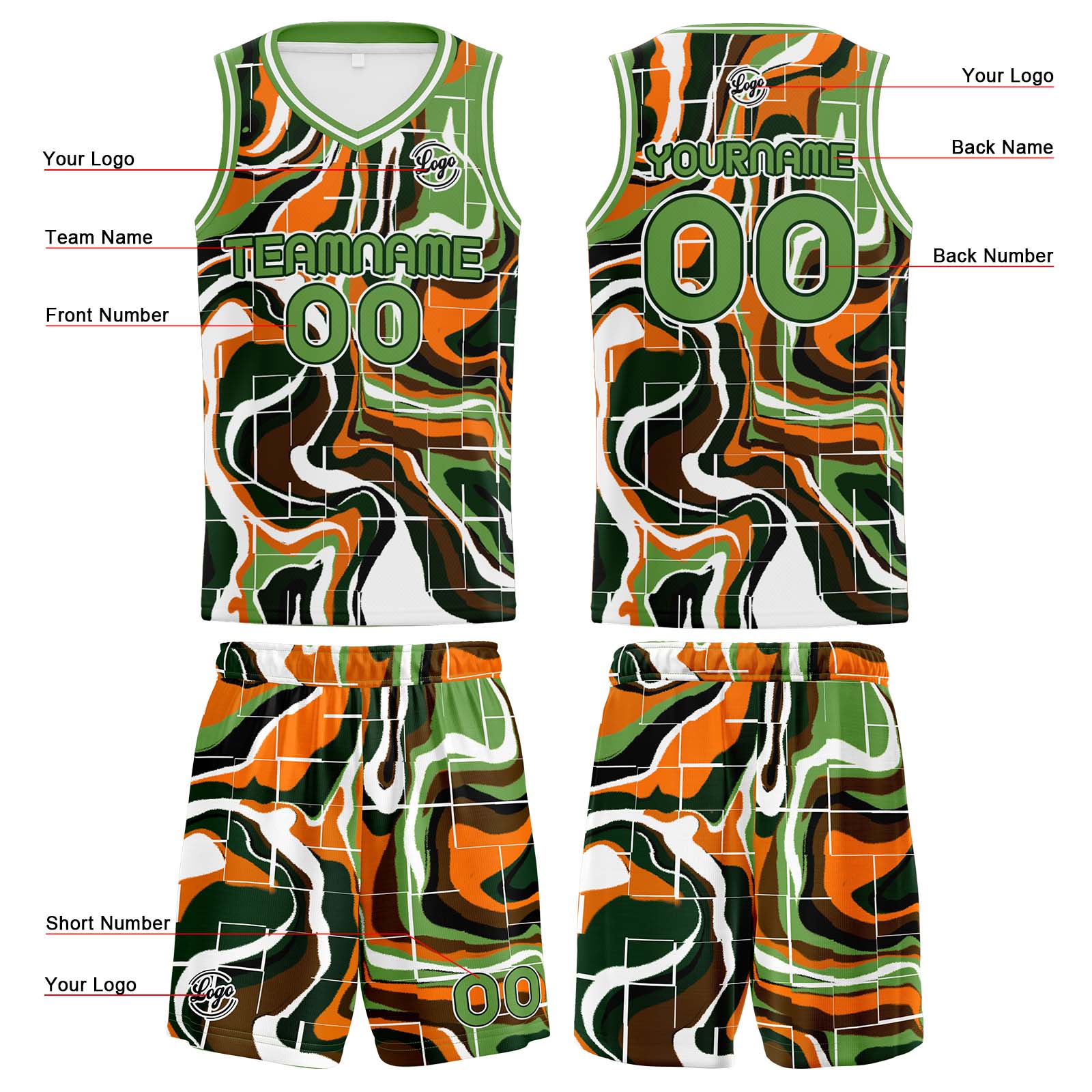 Custom Green Orange Basketball Jersey Uniform Suit Printed Your Logo Name Number