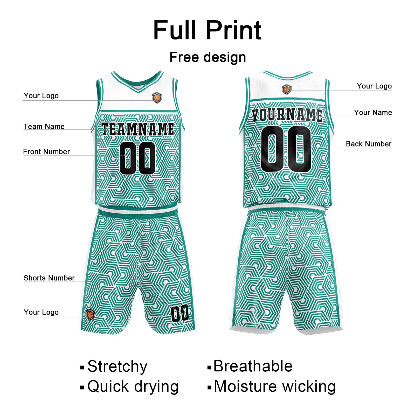 Custom White Teal Basketball Jersey Uniform Suit Printed Your Logo Name Number
