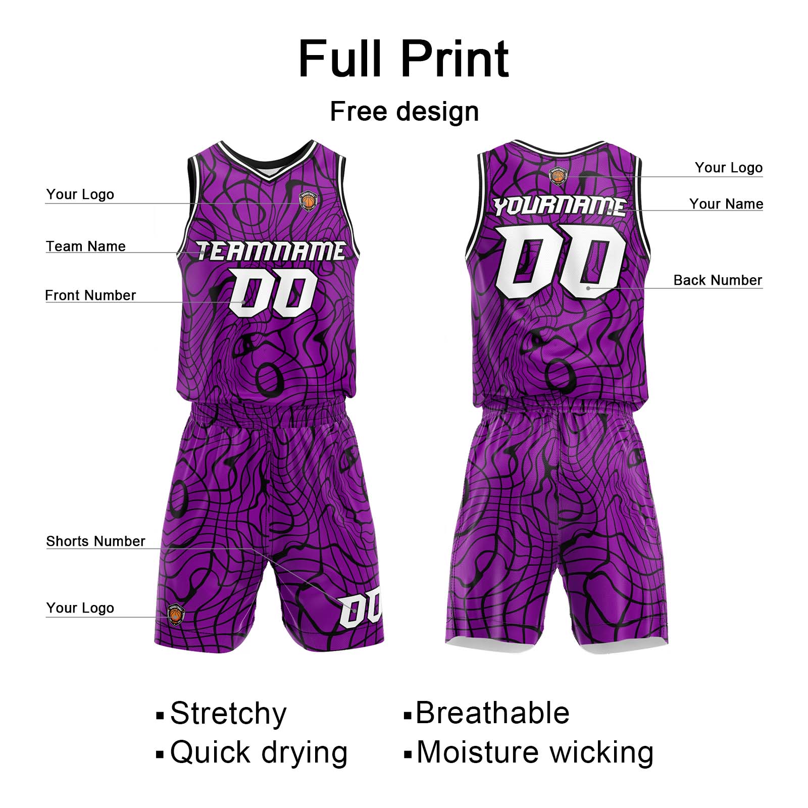 Custom Purple Basketball Jersey Uniform Suit Printed Your Logo Name Number