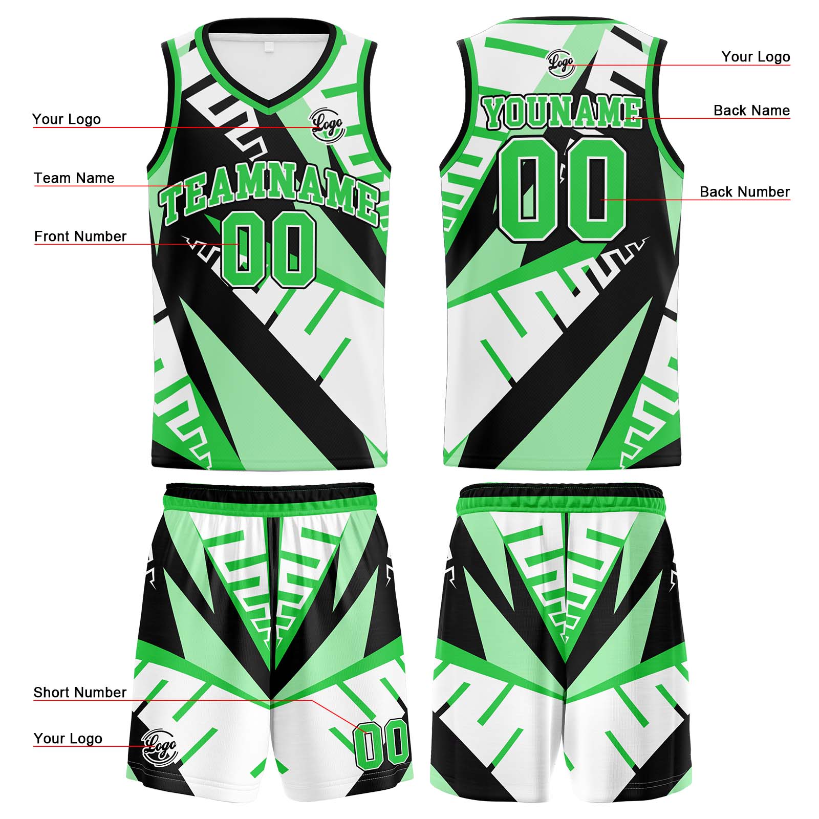 Custom White Black Green Basketball Jersey Uniform Suit Printed Your Logo Name Number