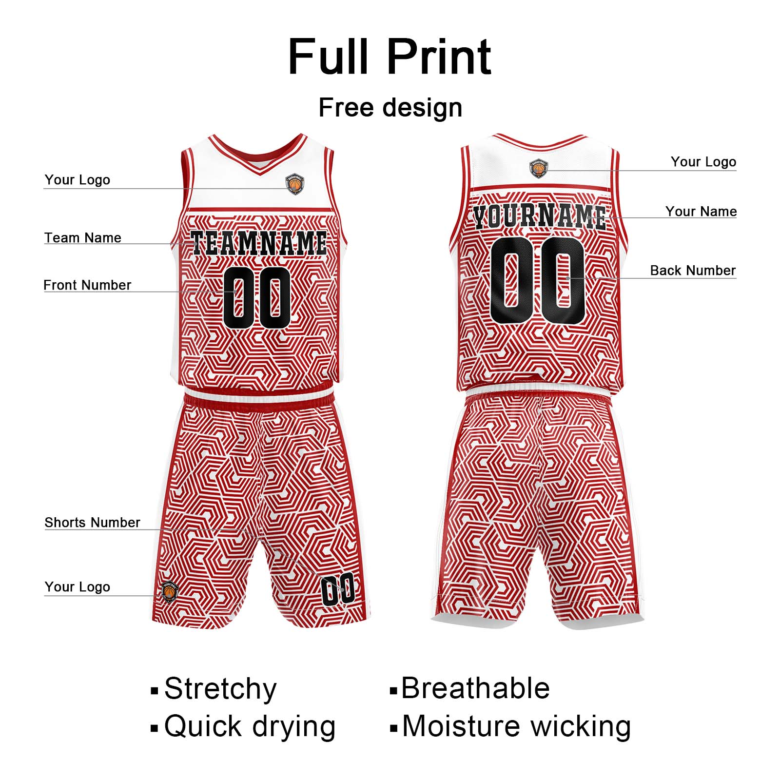 Custom White Red Basketball Jersey Uniform Suit Printed Your Logo Name Number