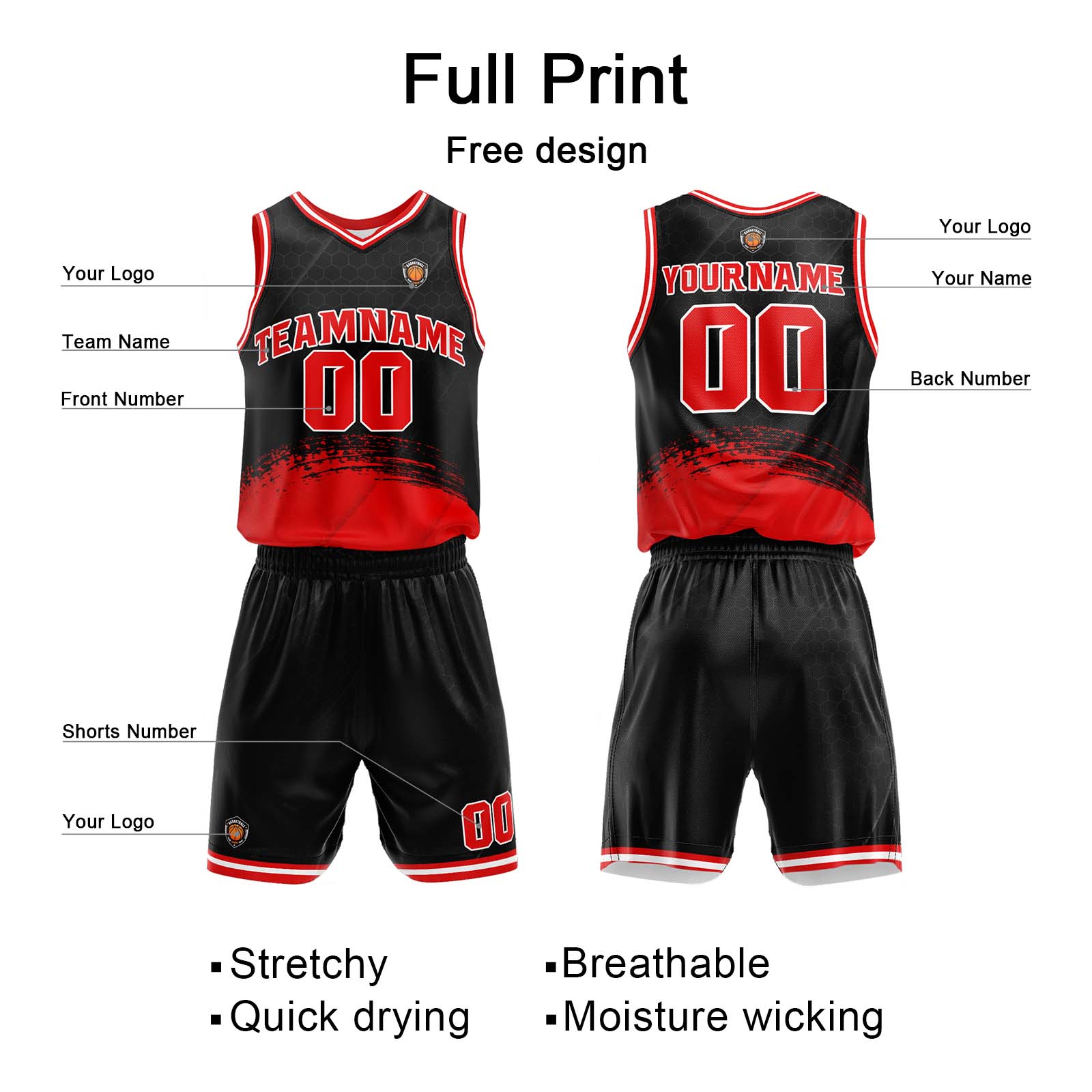 Custom Black Red Basketball Jersey Uniform Suit Printed Your Logo Name Number
