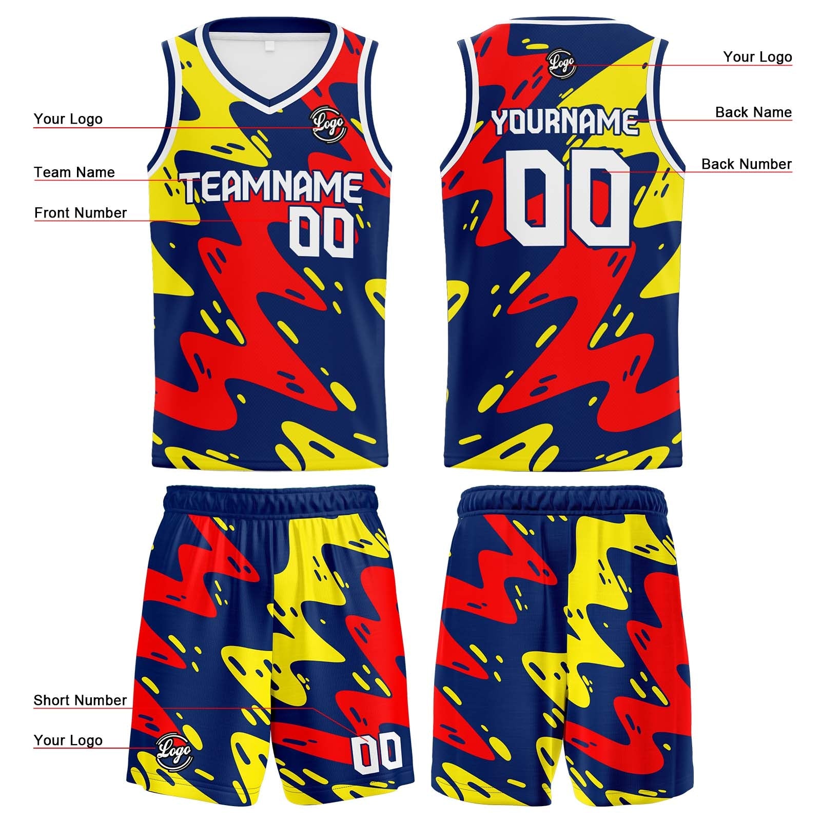 Custom Navy Red Yellow Basketball Jersey Uniform Suit Printed Your Logo Name Number