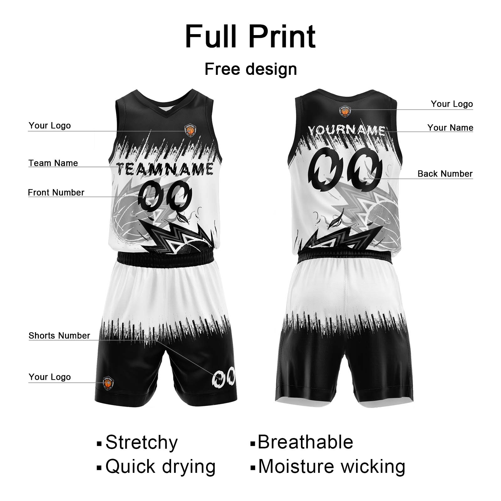 Custom Black White Basketball Jersey Uniform Suit Printed Your Logo Name Number