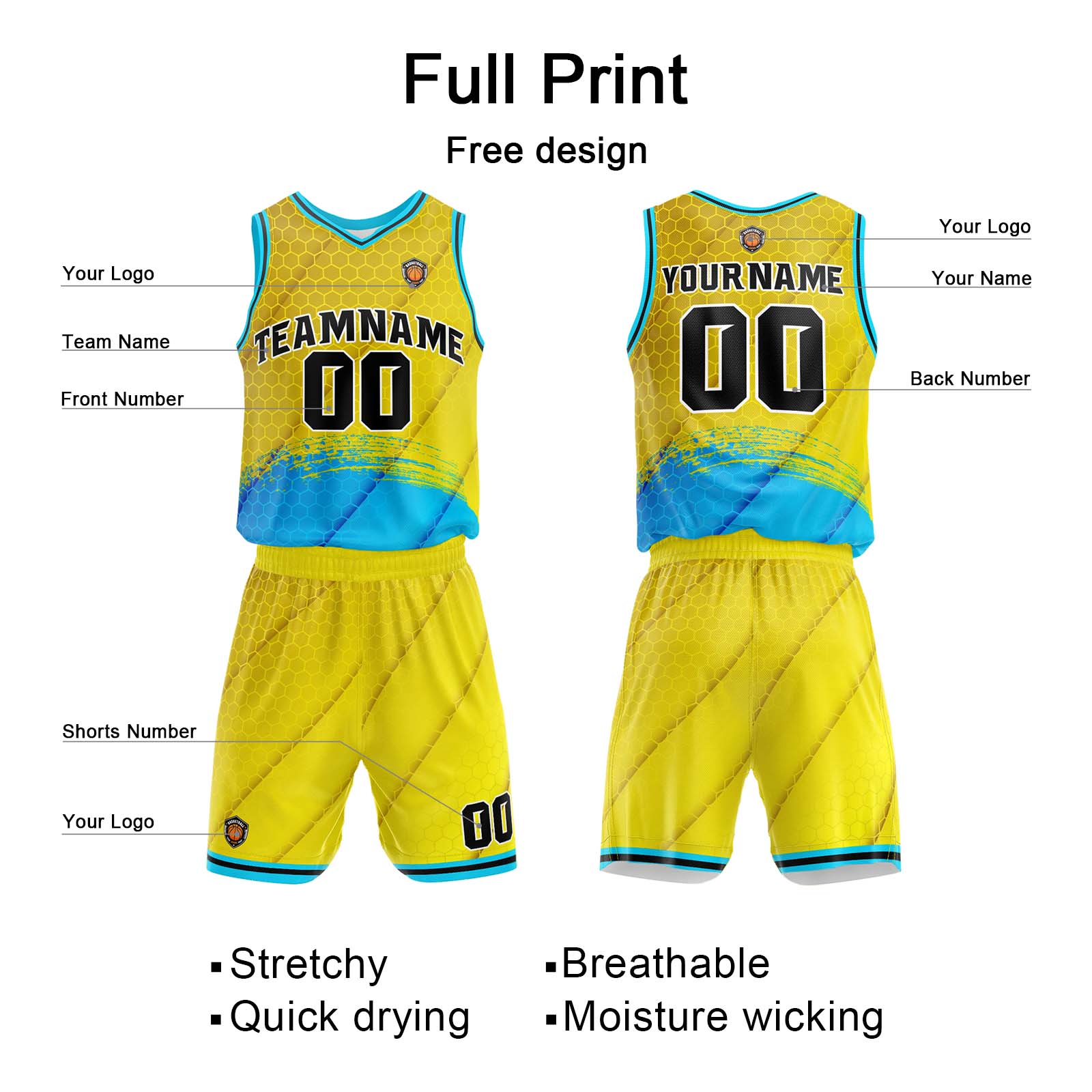 Custom Yellow Blue Basketball Jersey Uniform Suit Printed Your Logo Name Number