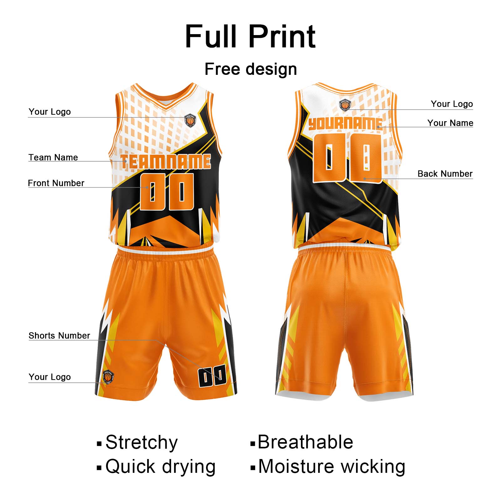 Custom Orange Basketball Jersey Uniform Suit Printed Your Logo Name Number