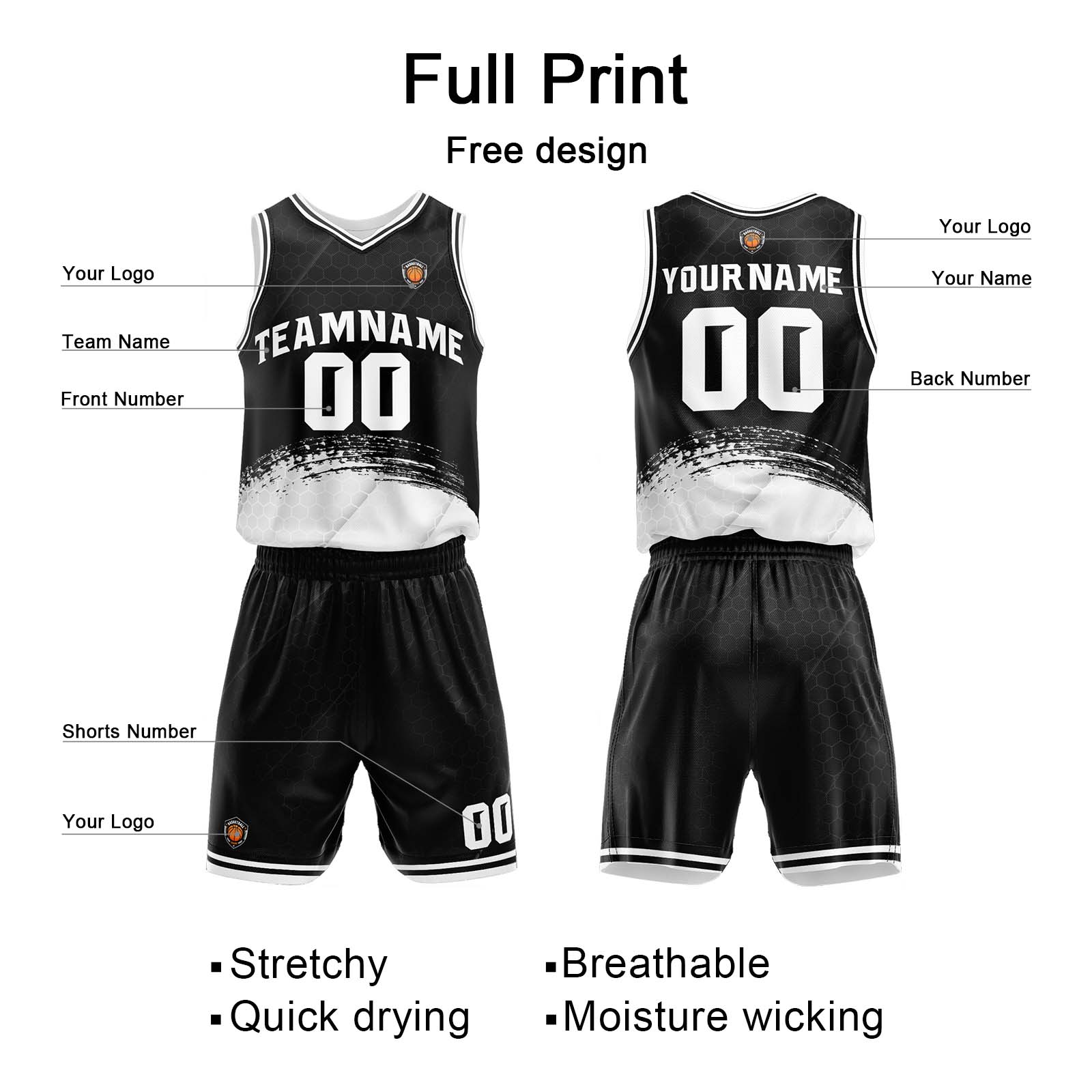 Custom Black White Basketball Jersey Uniform Suit Printed Your Logo Name Number