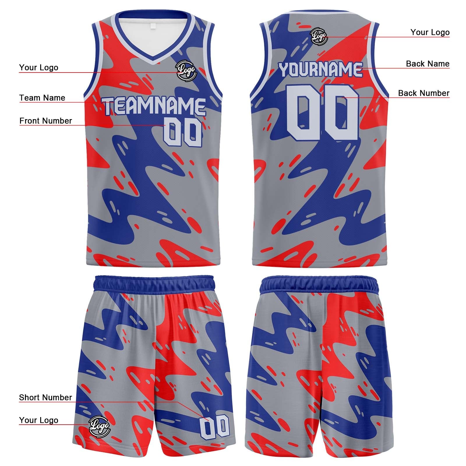 Custom Grey Blue Red Basketball Jersey Uniform Suit Printed Your Logo Name Number