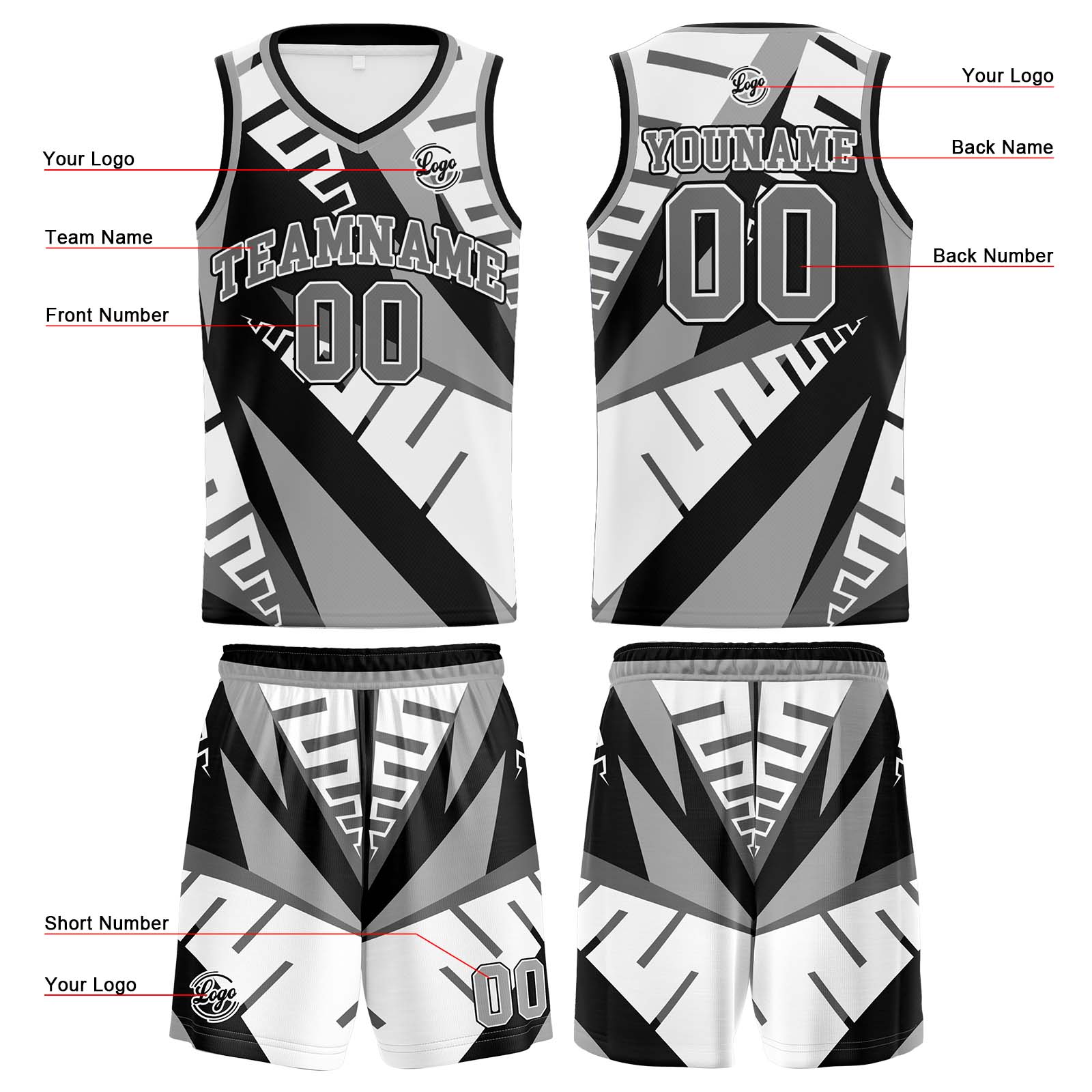 Custom White Black Grey Basketball Jersey Uniform Suit Printed Your Logo Name Number