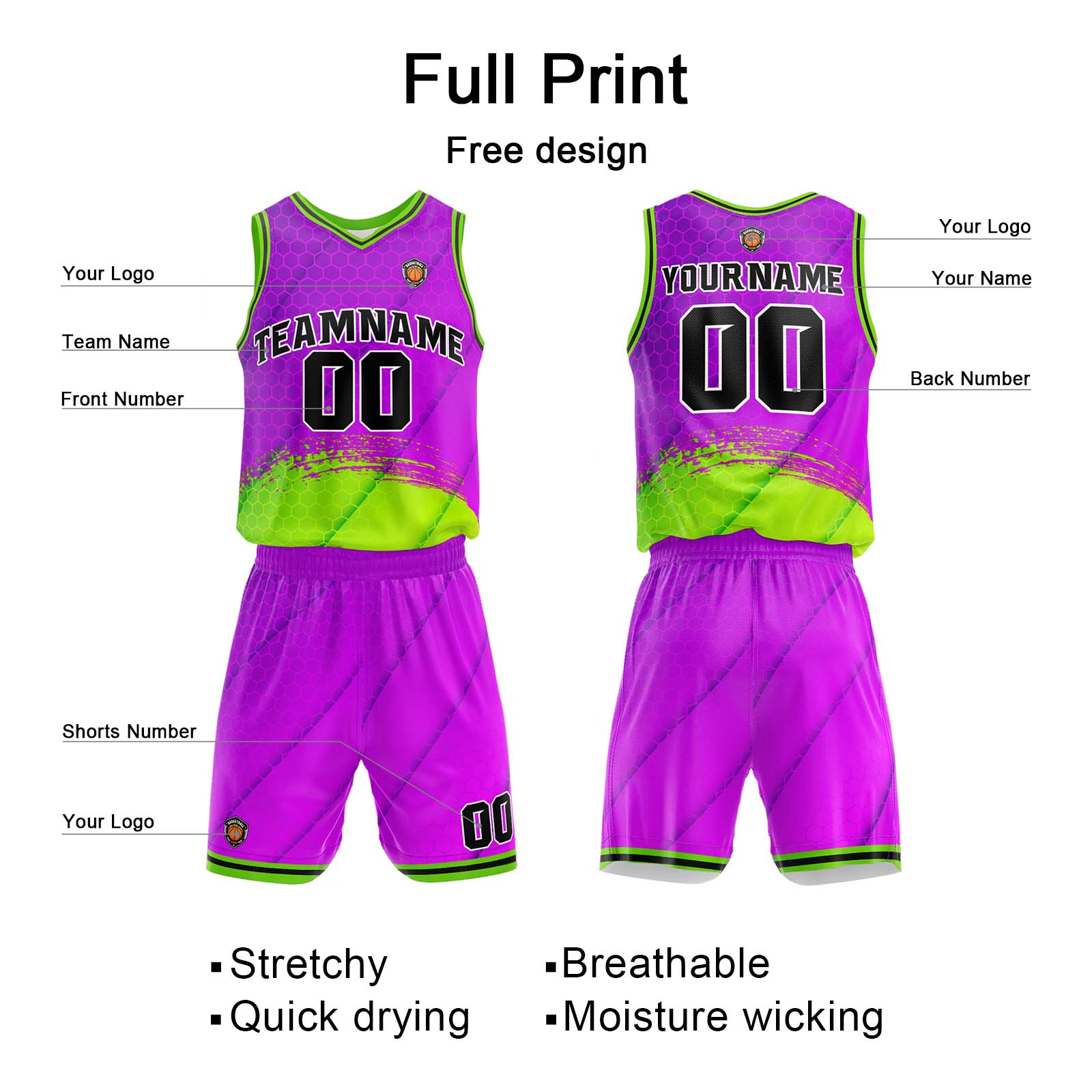Custom Purple Green Basketball Jersey Uniform Suit Printed Your Logo Name Number