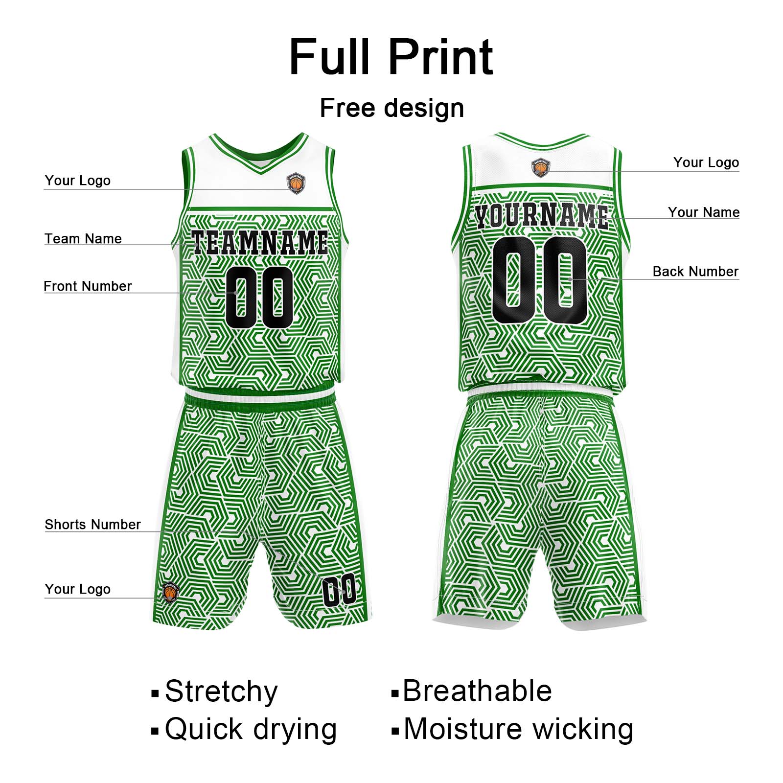 Custom White Green Basketball Jersey Uniform Suit Printed Your Logo Name Number