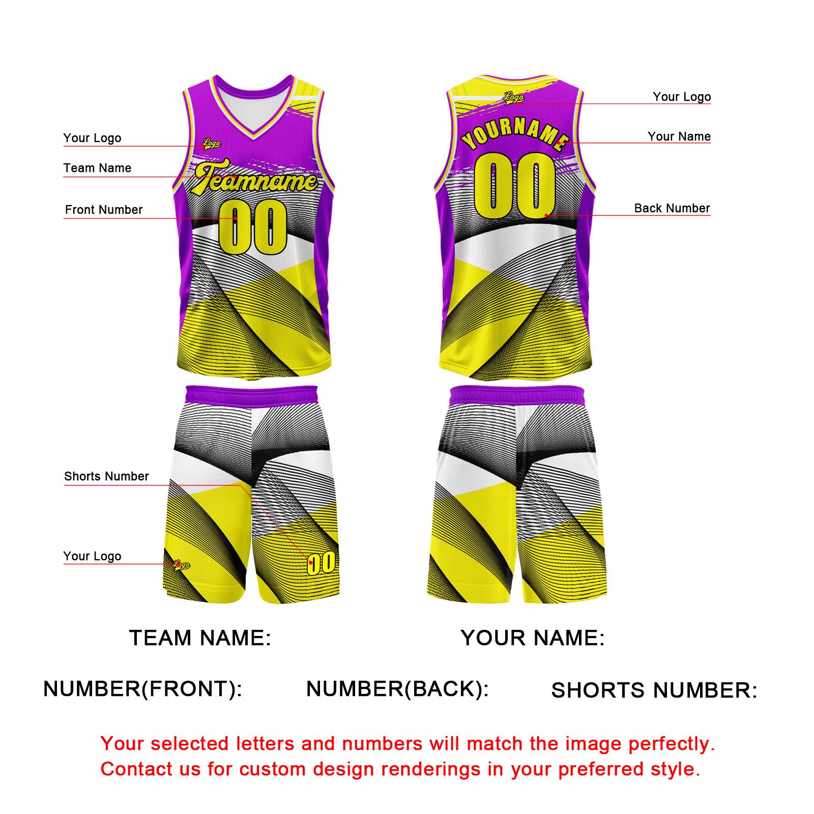 Custom Purple Yellow Basketball Jersey Uniform Suit Printed Your Logo Name Number